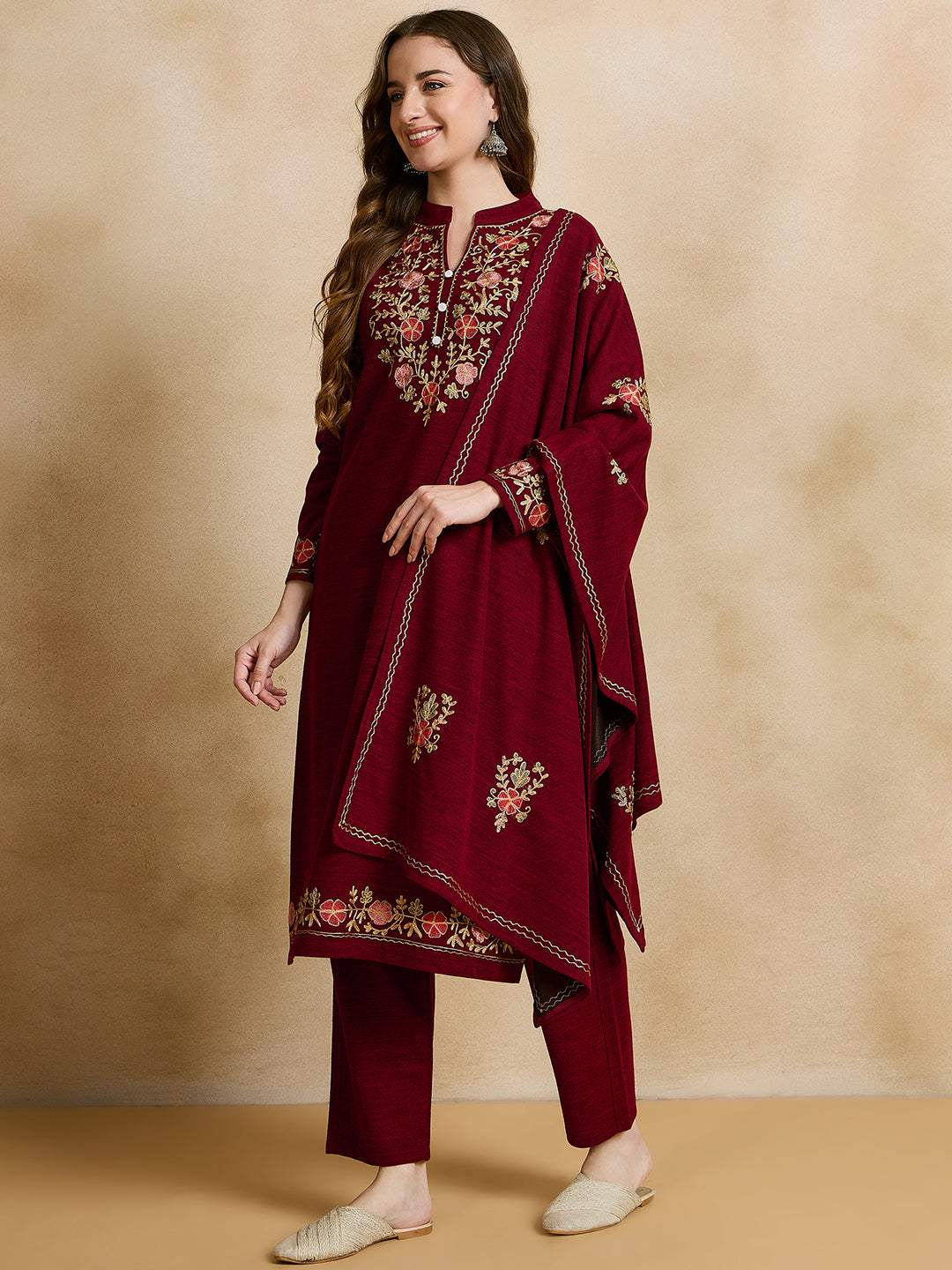 Clapton Embroidered Straight Kurta Pant With Dupatta Set Maroon