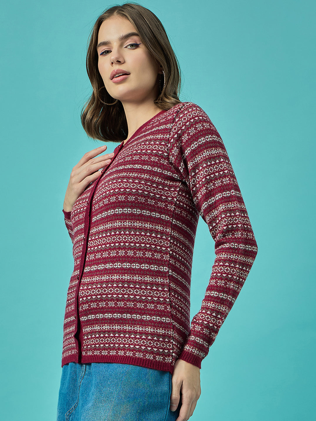 Women Mehroon Self Striped Round Neck Cardigan