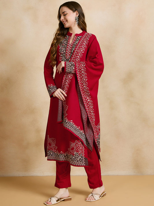 Clapton Embroidered Straight Kurta Pant With Dupatta Set Red