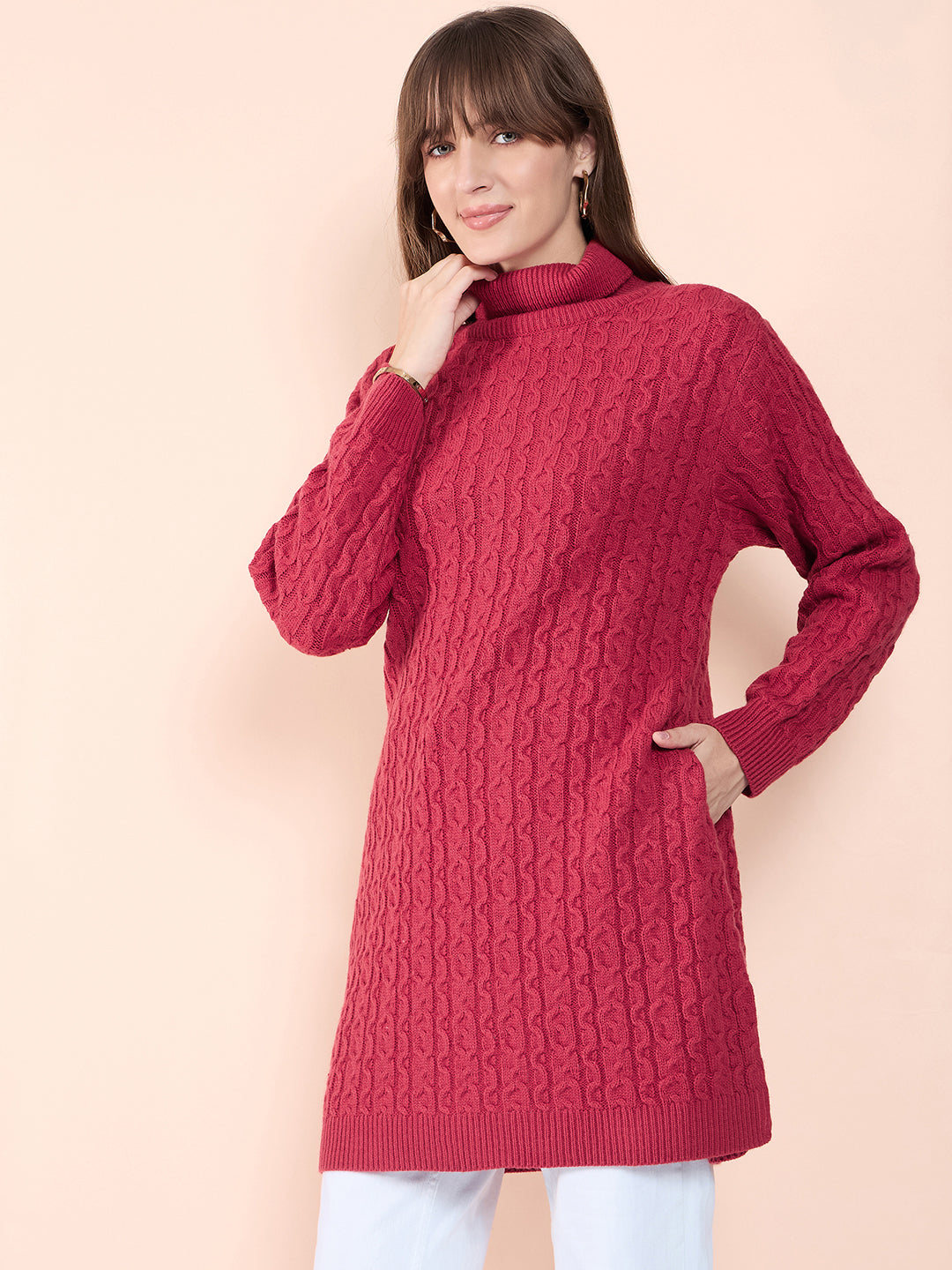 Clapton High Neck Cable Knitted Woolen Dress Rust