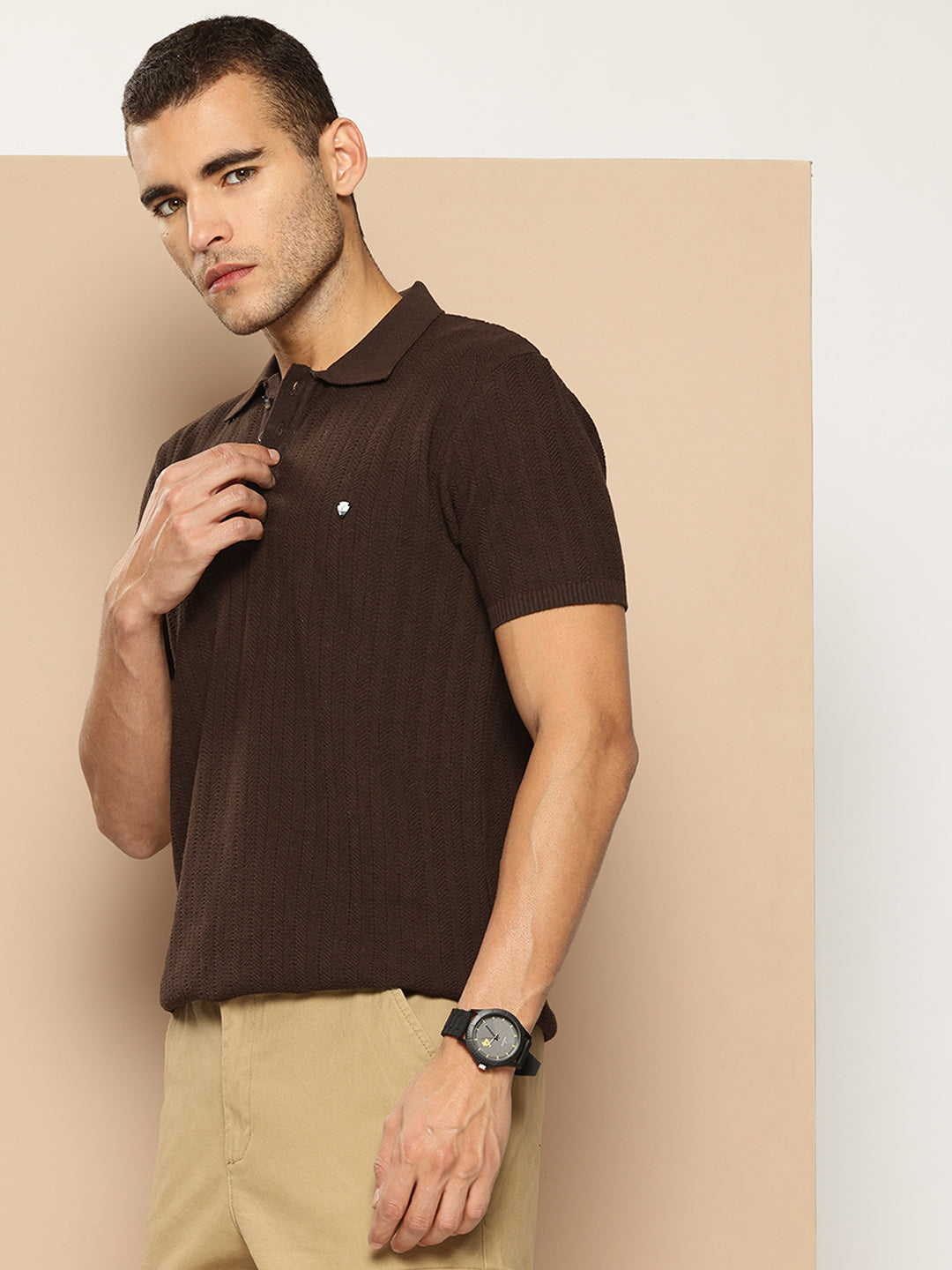 CLAPTON Men Knitted Textured Polo Collar T shirt Coffee