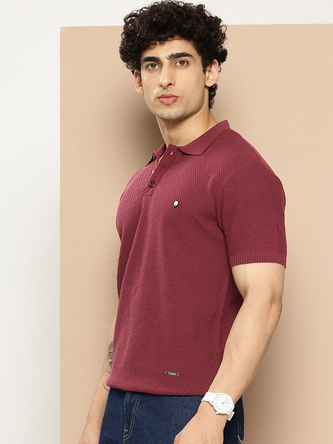 CLAPTON Men Knitted Textured Polo Collar T shirt Maroon