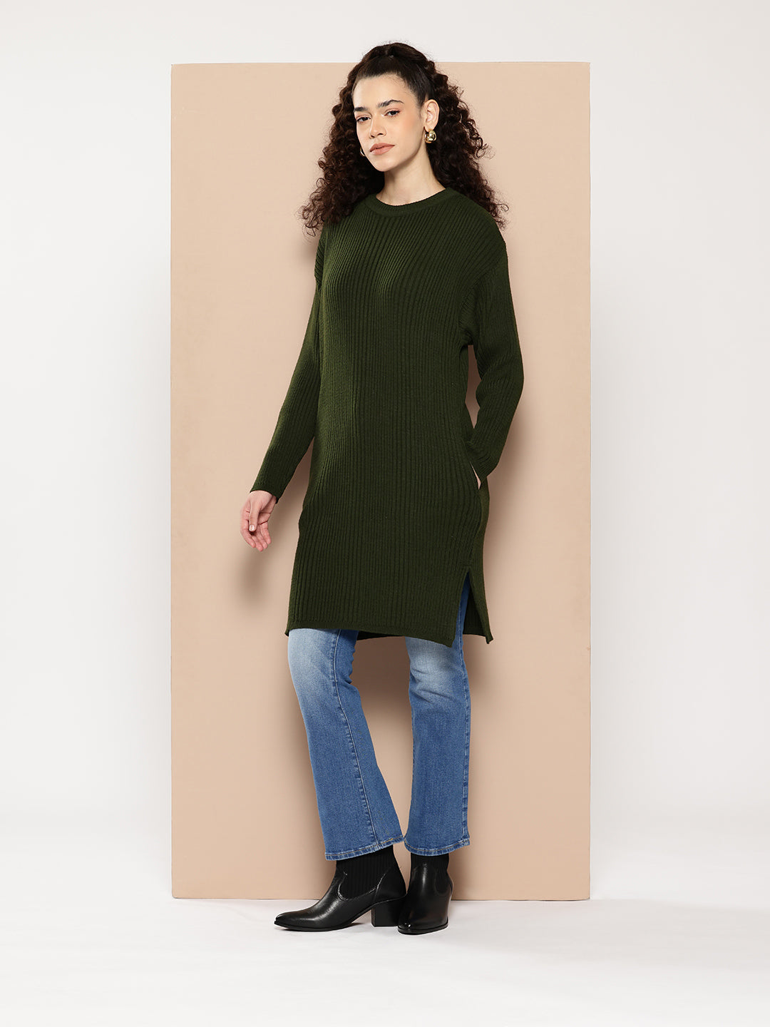 Women Knitted Long Tunic ,Button Down ,Winter Wear Women Color Green