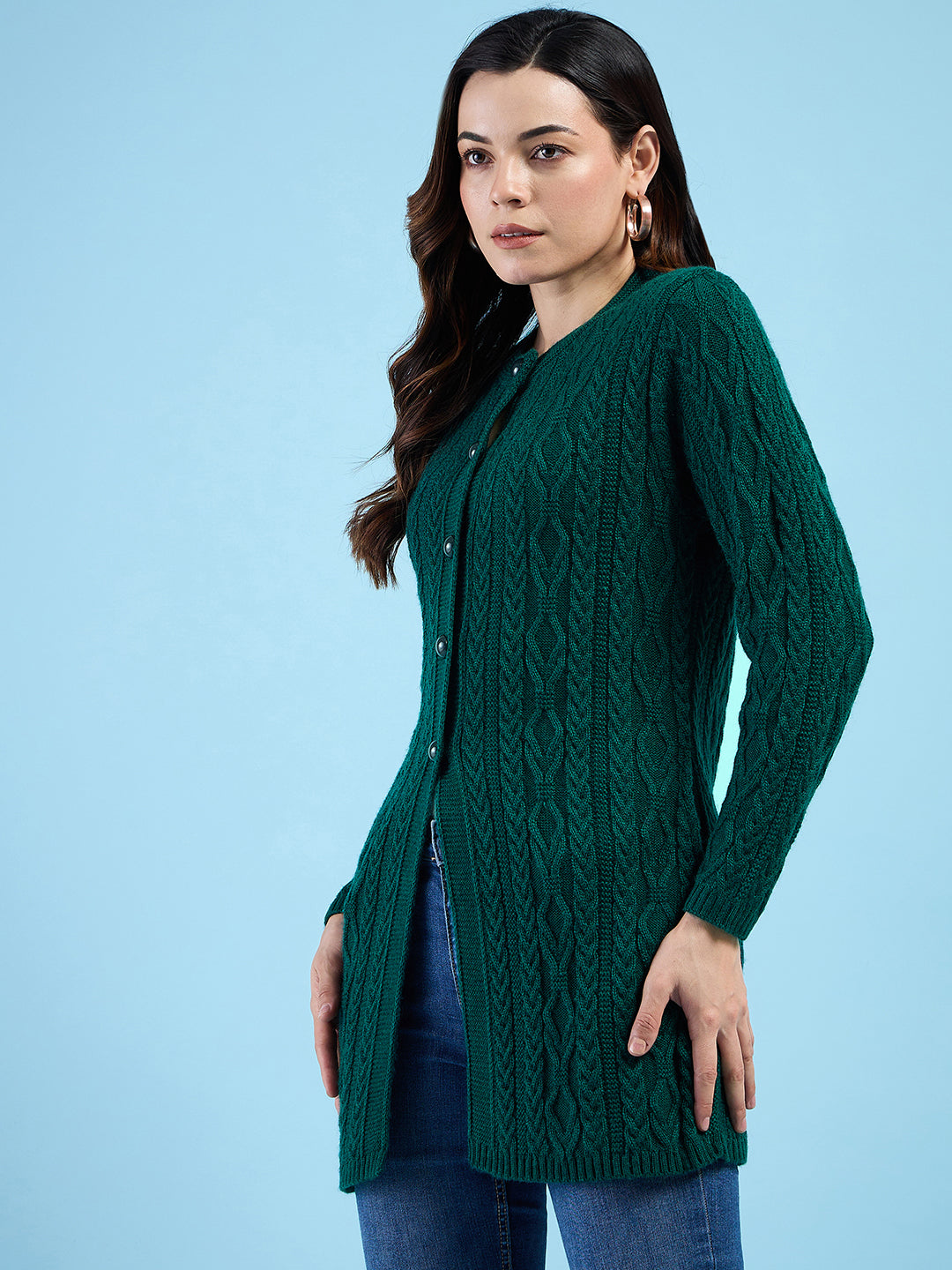 Clapton Cable Knit Design Woolen Longline Cardigan Sweater for women and Girls Green