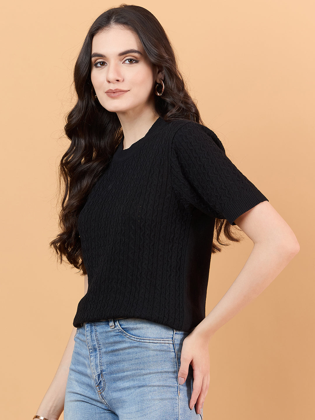 Ladies Short Sleeve Knitted cotton T Shirt solid Color Black
