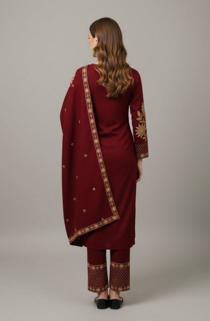 Clapton Embroidered Straight Kurta Pant With Dupatta Set Maroon
