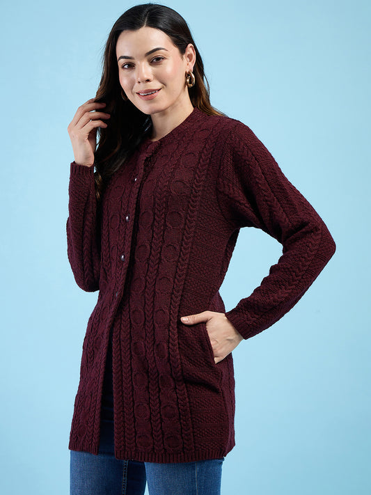 Clapton Cable Knit Design Woolen Longline Cardigan Sweater for women and Girls Maroon