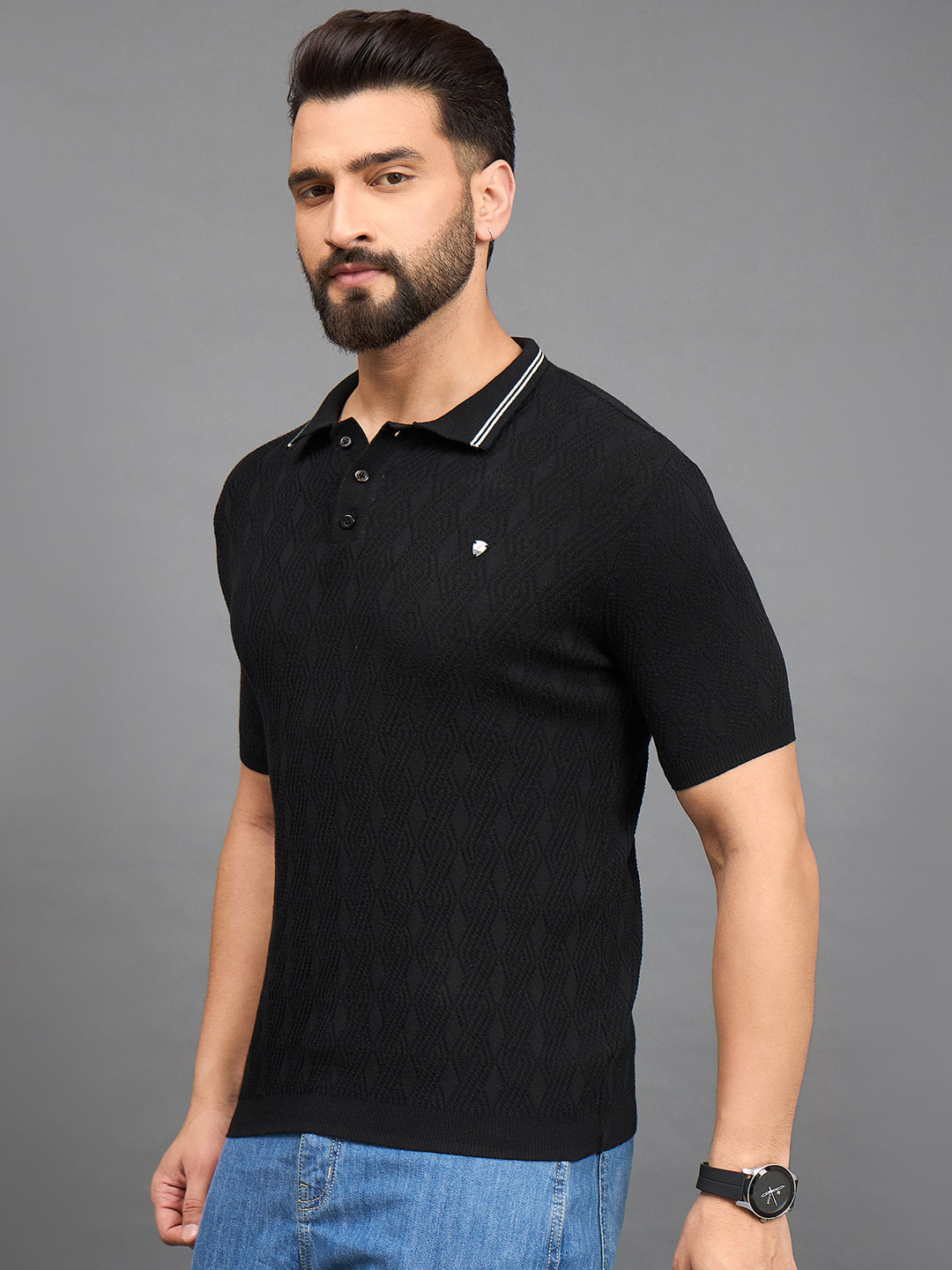 CLAPTON Men Knitted Polo Collar T-shirt Black