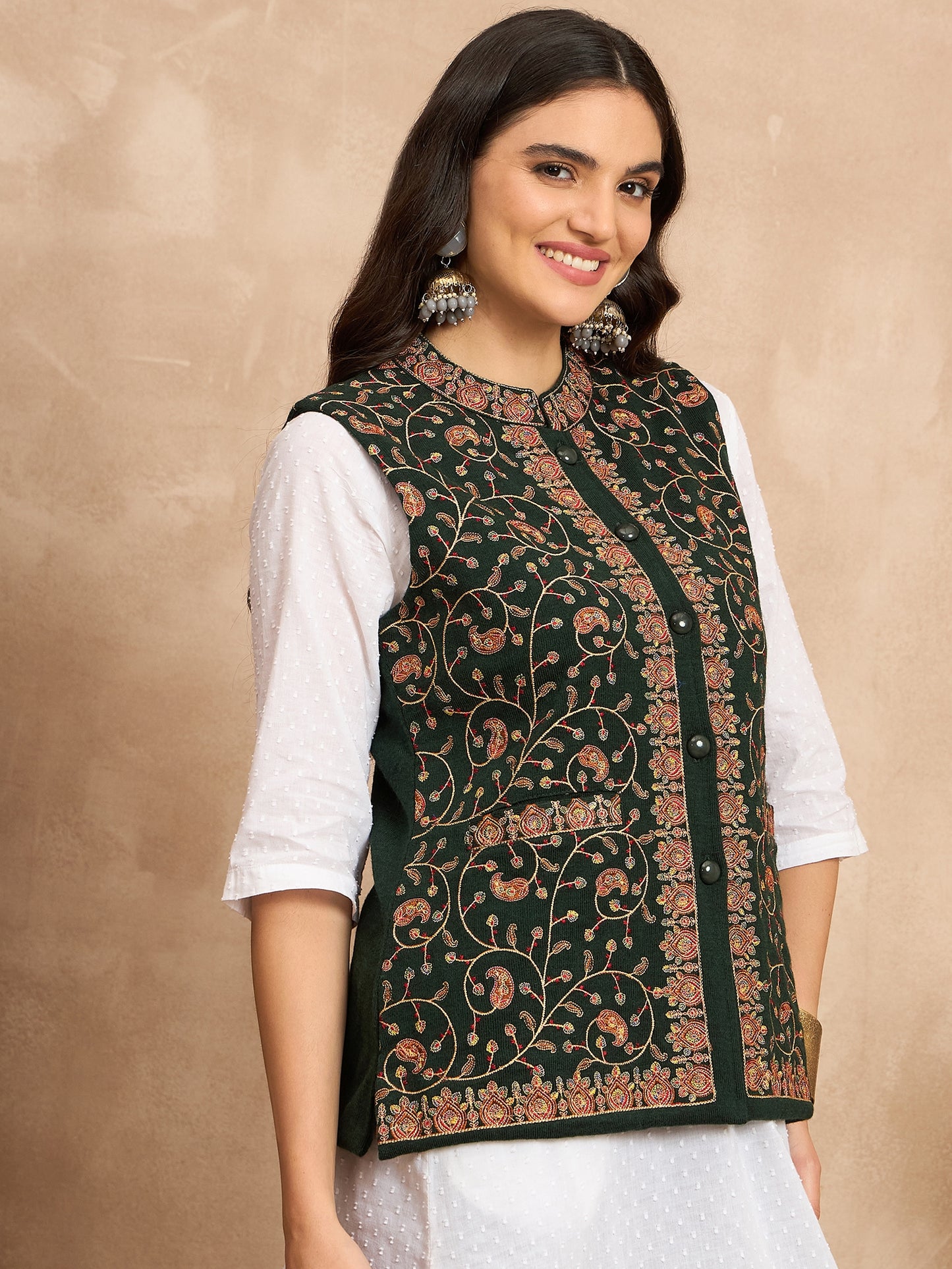 CLAPTON EMBROIDERY SLEEVELESS GREEN BLAZER FOR WOMEN