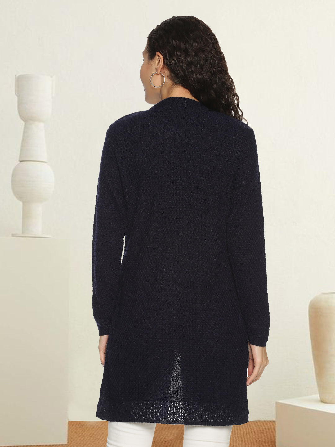 Wool Blend Round Neck Navy Blue Long Shrug