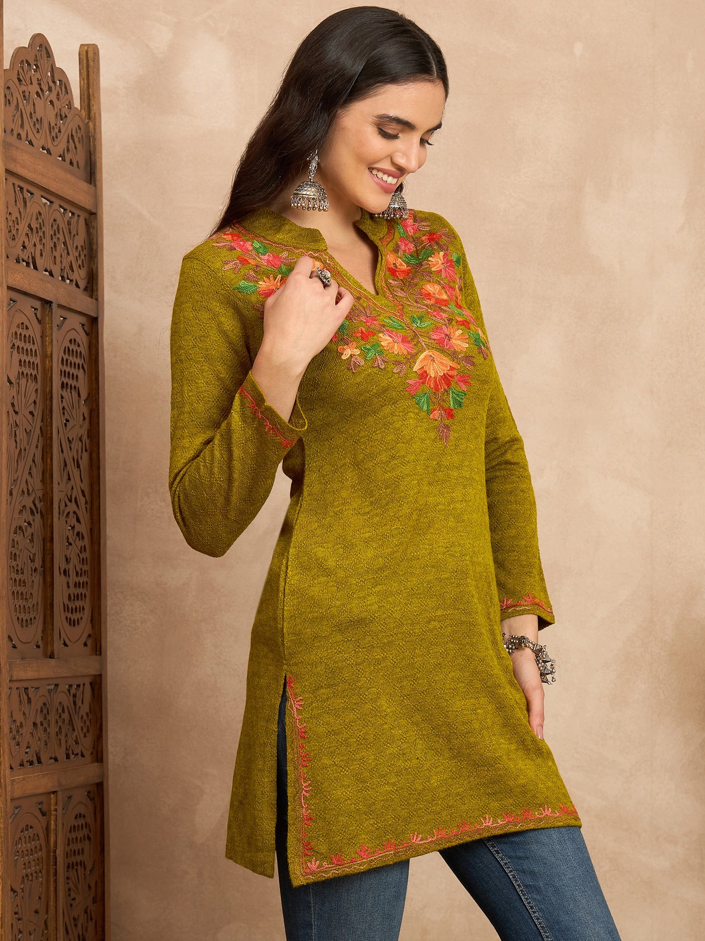Women Multicolor Embroidered woolen Blend Kurta Gold Winter Wear