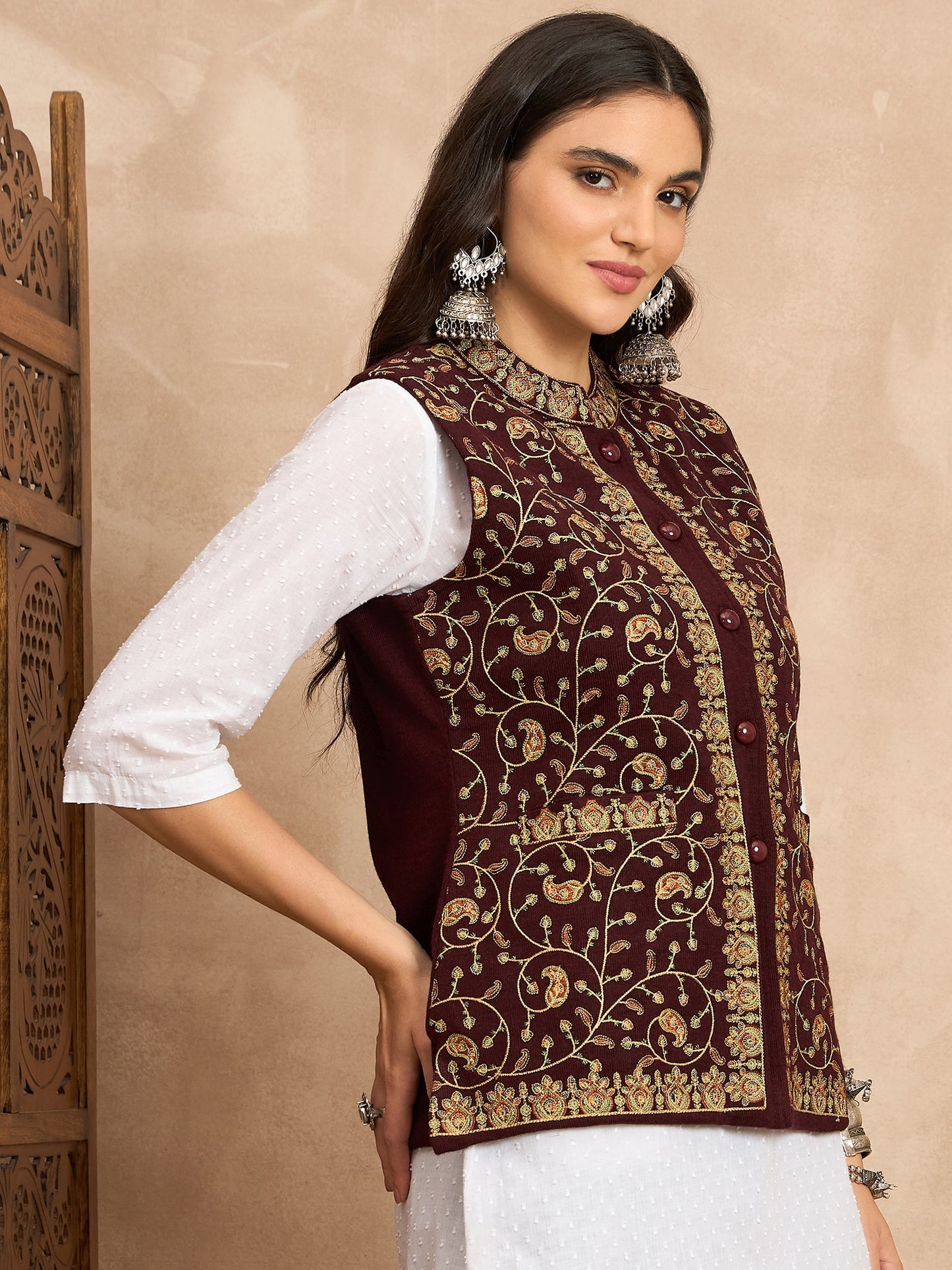 CLAPTON EMBROIDERY SLEEVELESS WINE BLAZER FOR WOMEN