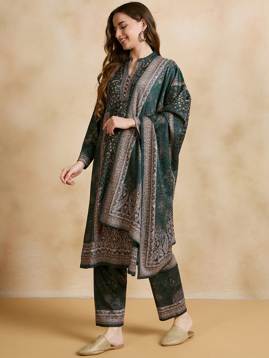 Clapton Printed Work Straight Kurta Pant With Dupatta Set Green