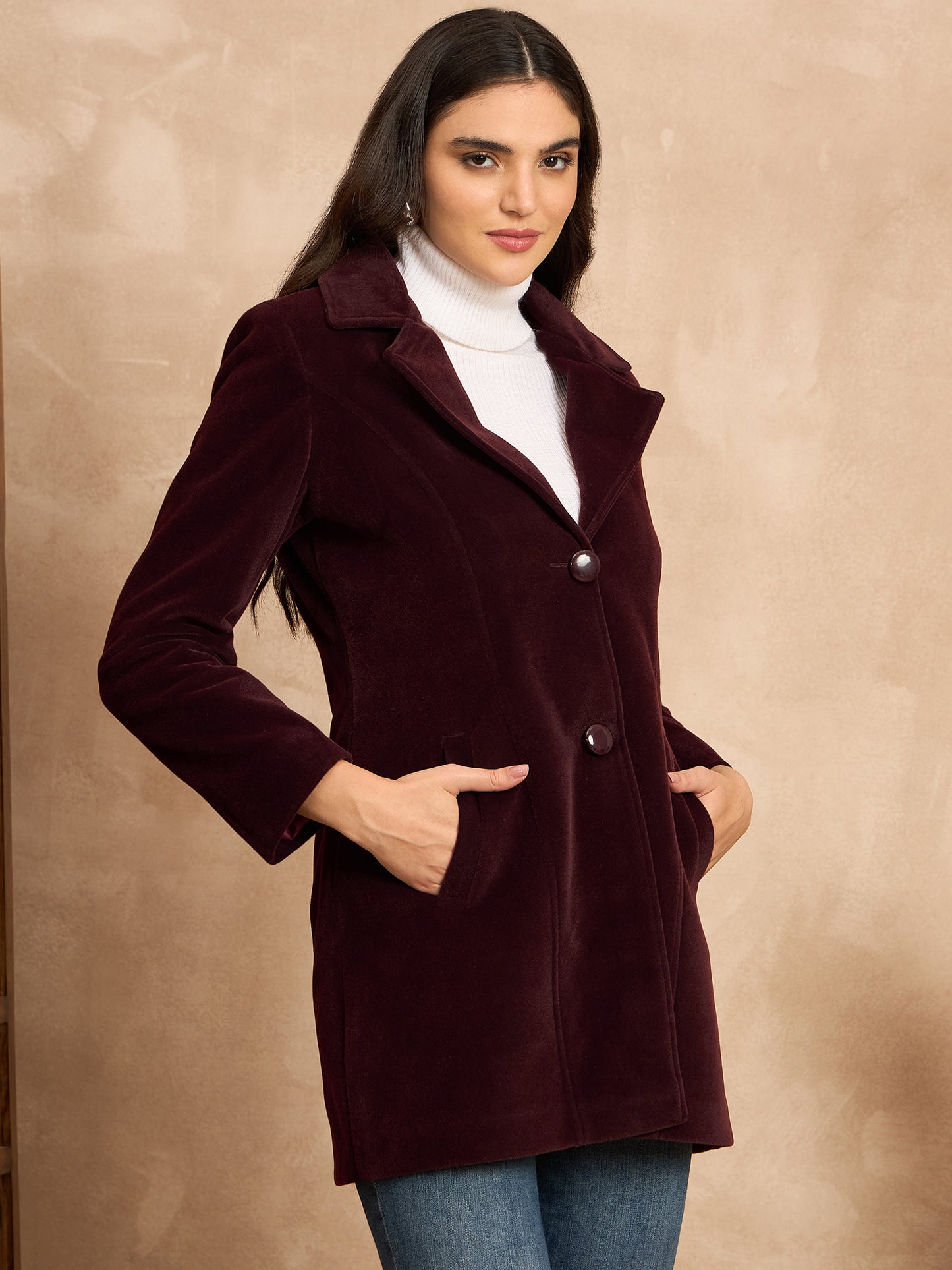 Clapton Women’S Wool Blend Long Winter Coat Maroon– Classic Button Closure & Lapel Collar
