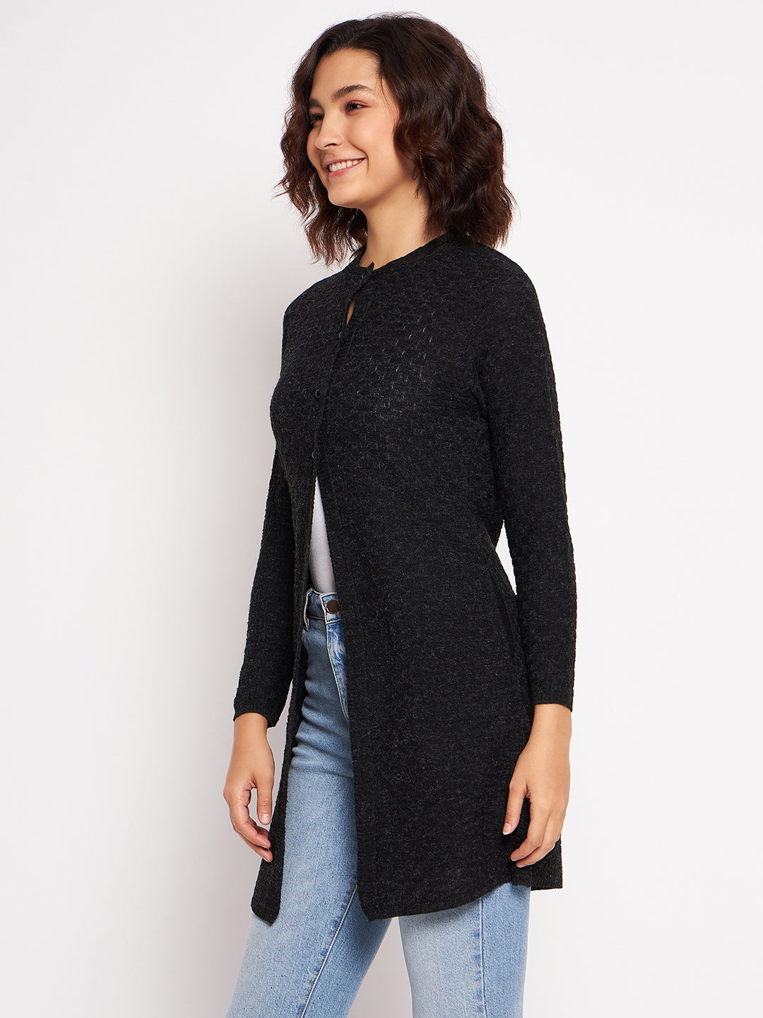 Wool Blend Round Neck Black Long Shrug