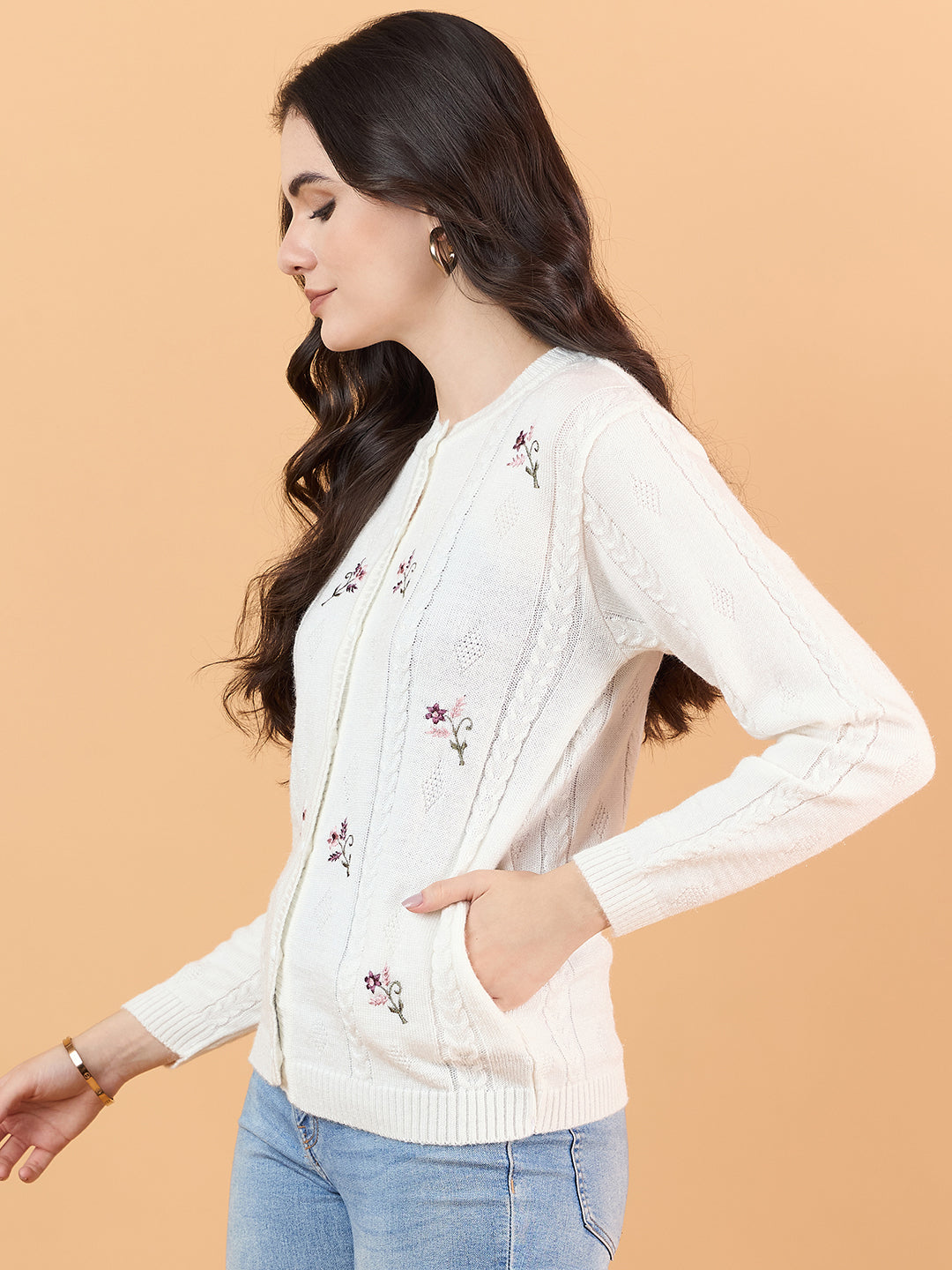 Clapton Floral Embroidered Full Sleeve Cardigan Sweaters for Women Girls White