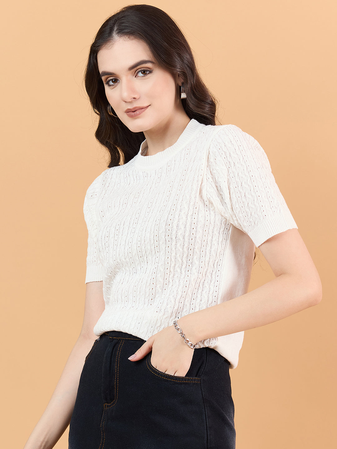Ladies Short Sleeve Knitted cotton T Shirt solid Color White
