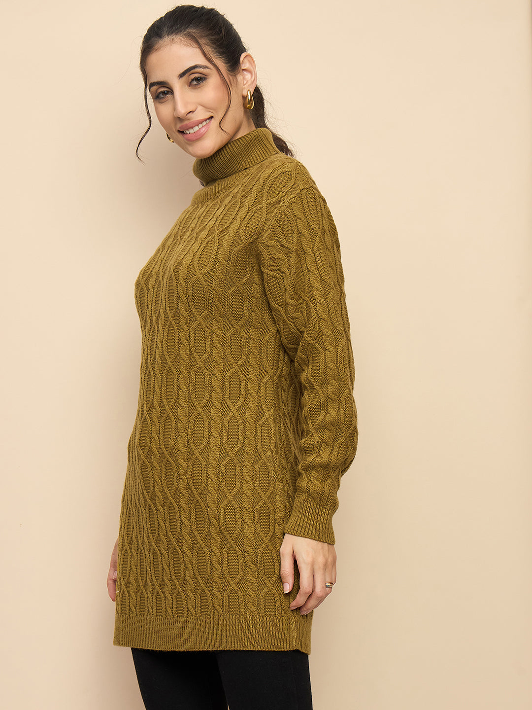 Clapton High Neck Cable Knitted Woolen Dress Gold