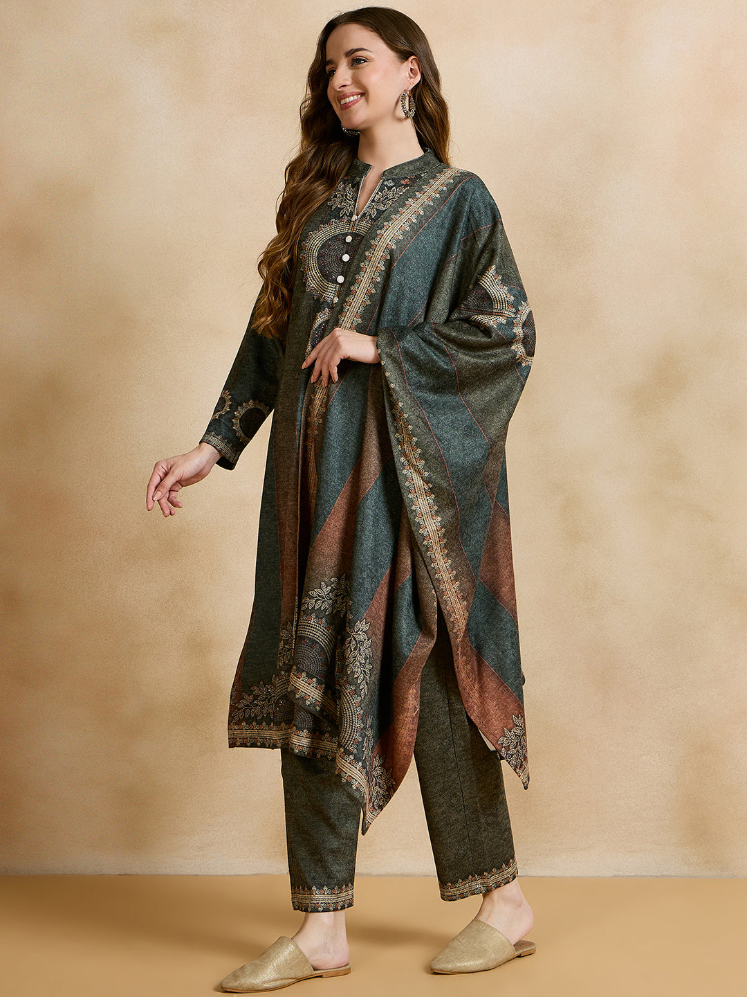 Clapton Printed Work Straight Kurta Pant With Dupatta Set Green