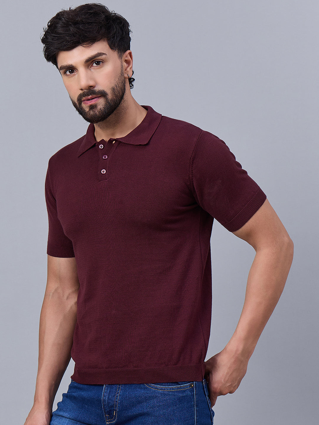Men's Maroon Knitted Polo T-shirt