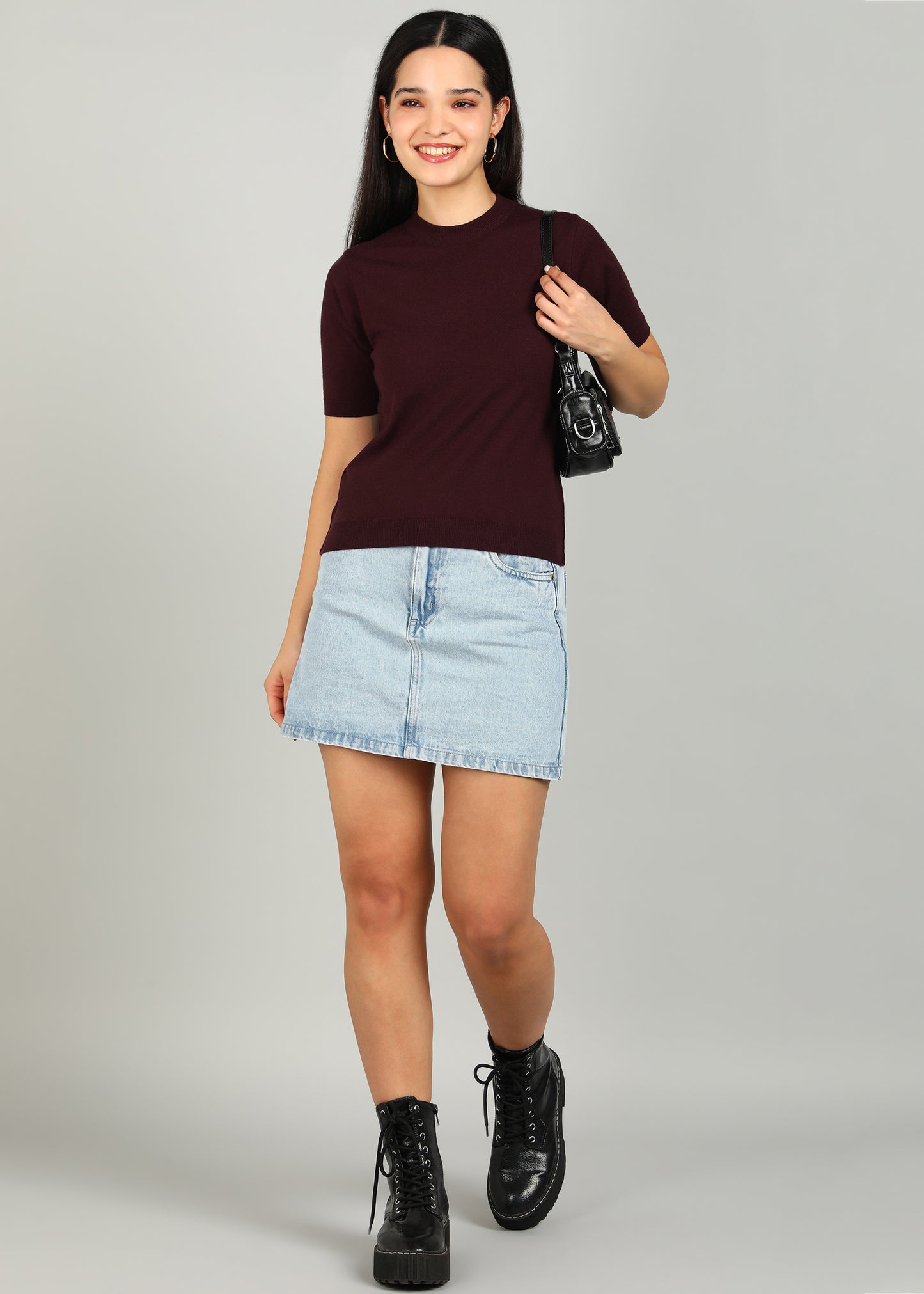 Women Solid Color Round Neck Half Sleeve Viscose T-Shirt Wine