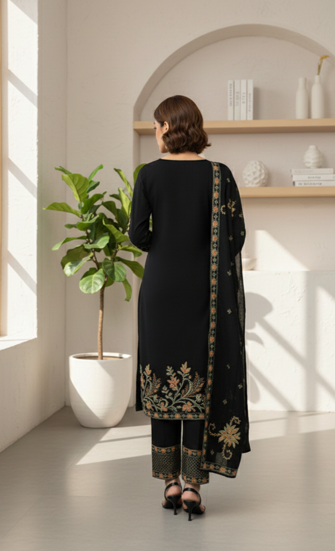 Clapton Embroidered Straight Kurta Pant With Dupatta Set Black