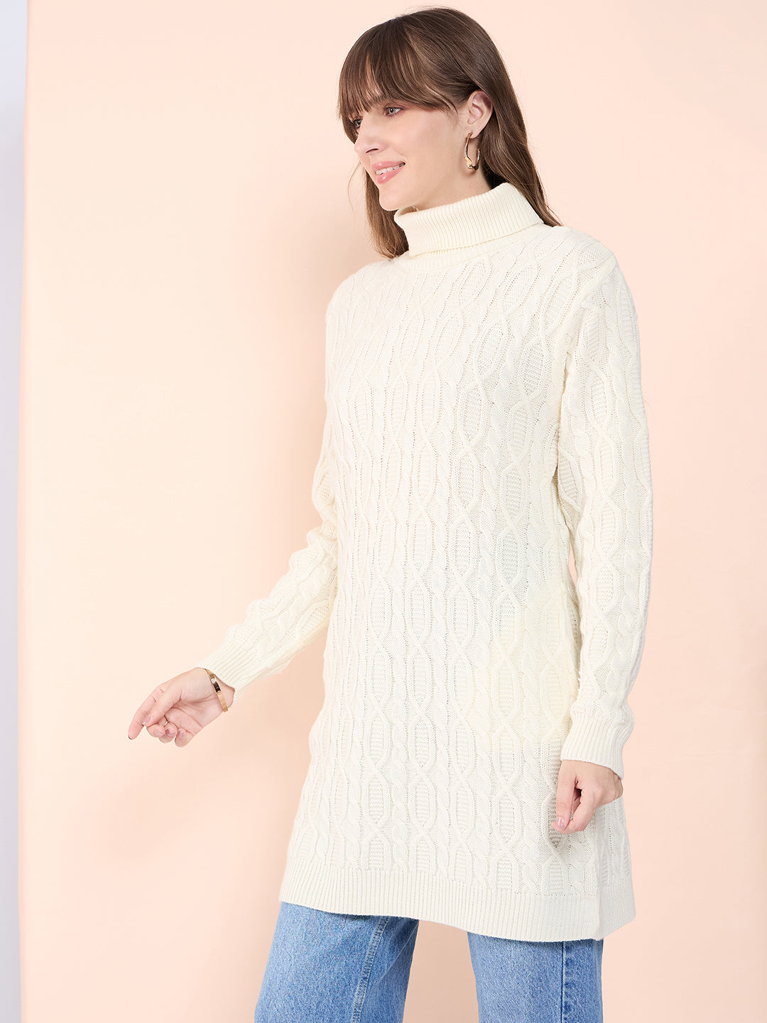Clapton High Neck Cable Knitted Woolen Dress Cream