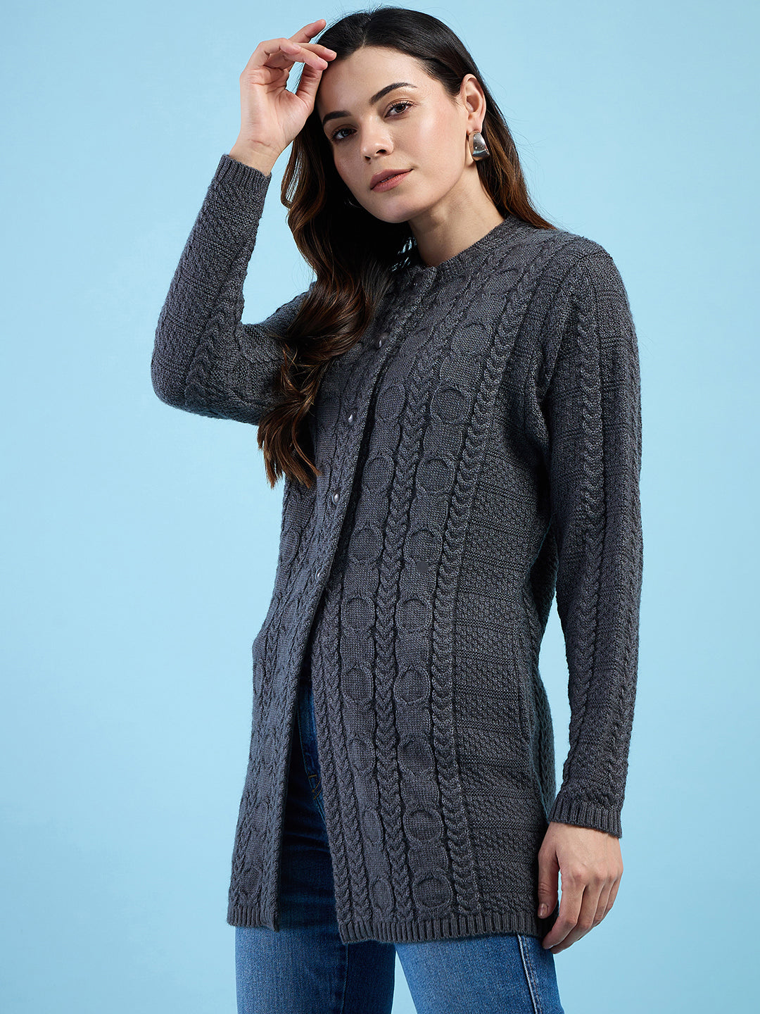 Clapton Cable Knit Design Woolen Longline Cardigan Sweater for women and Girls Dark Grey