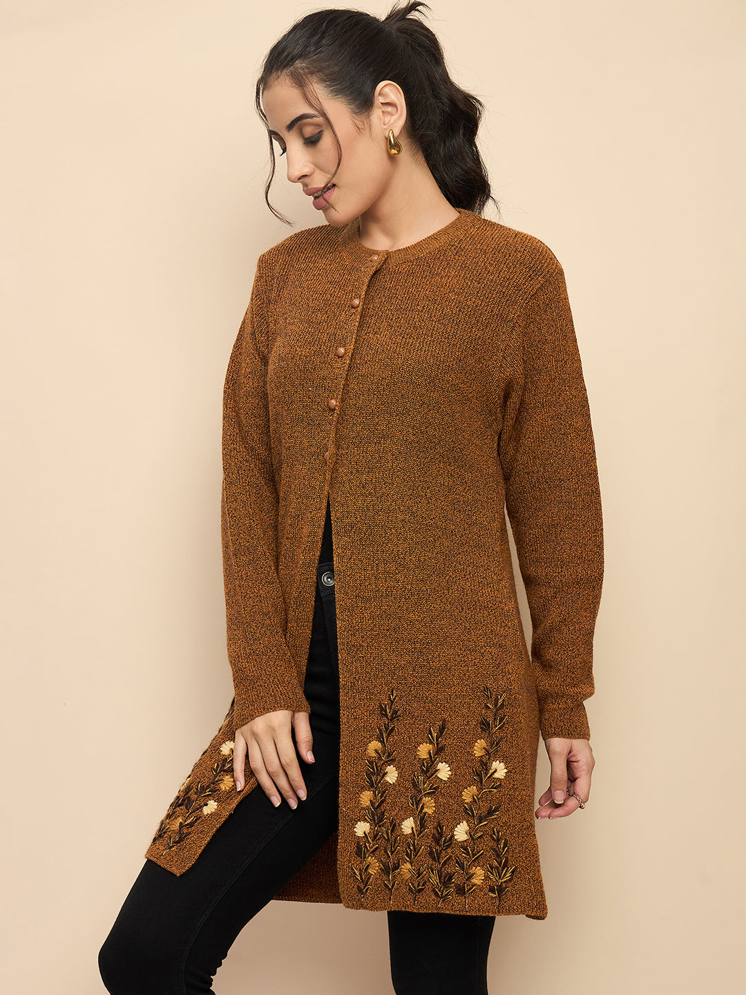 Wool Blend Round Neck Peach Long Shrug gold