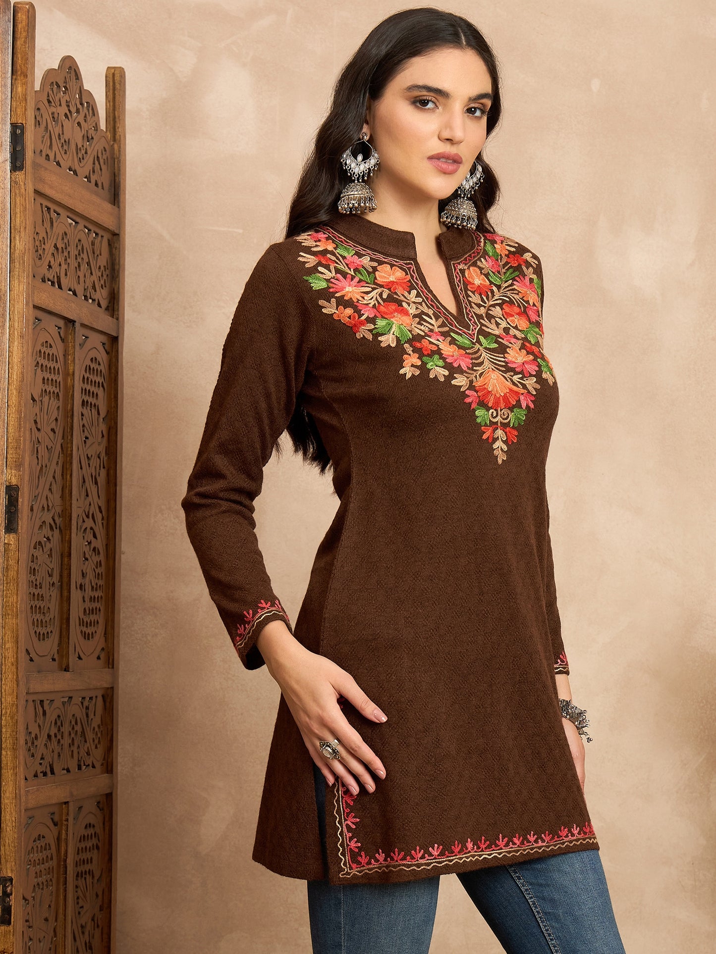 Women Multicolor Embroidered woolen Blend Kurta Maroon Winter Wear