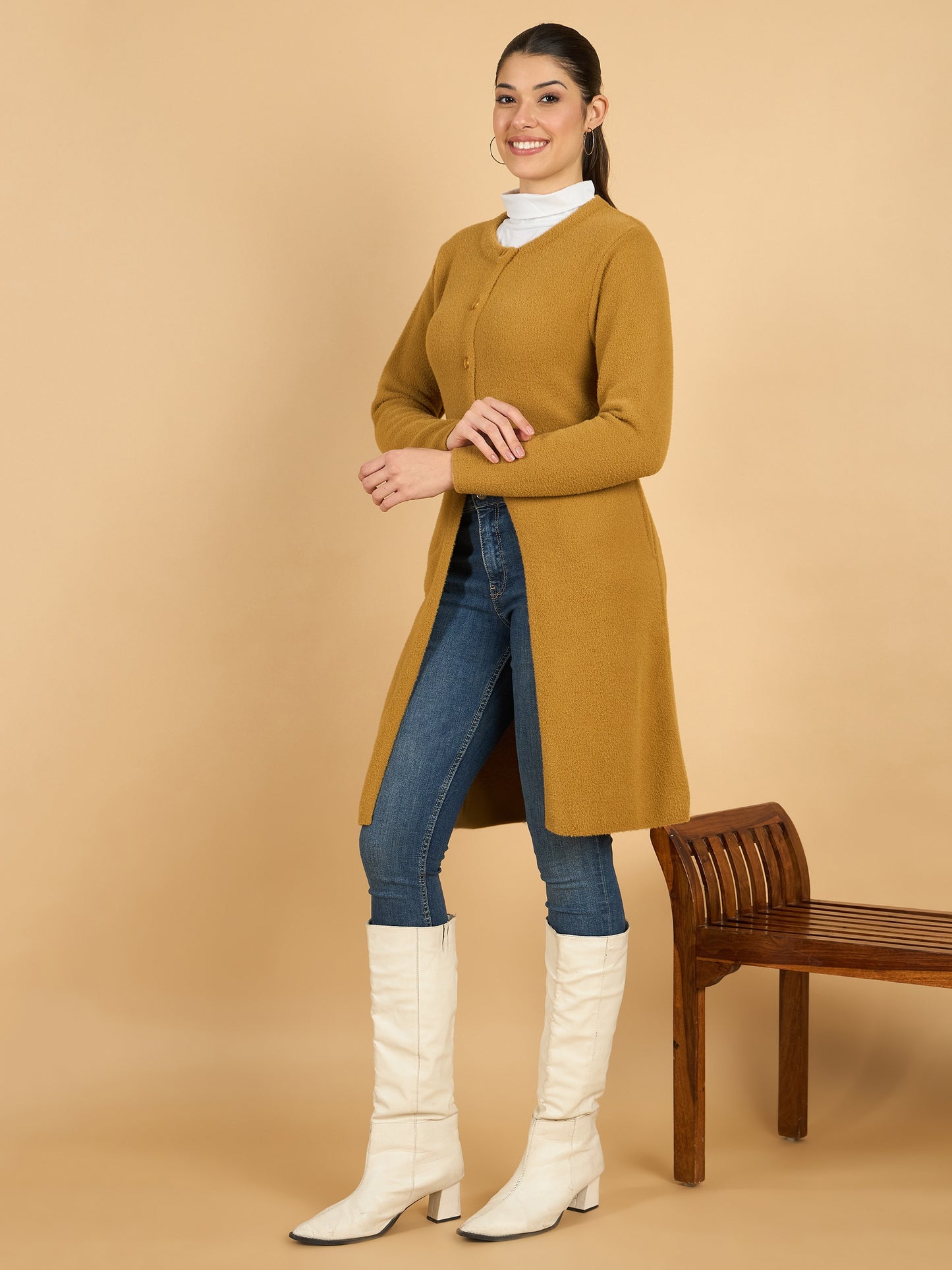 Golden long woolen Cardigan