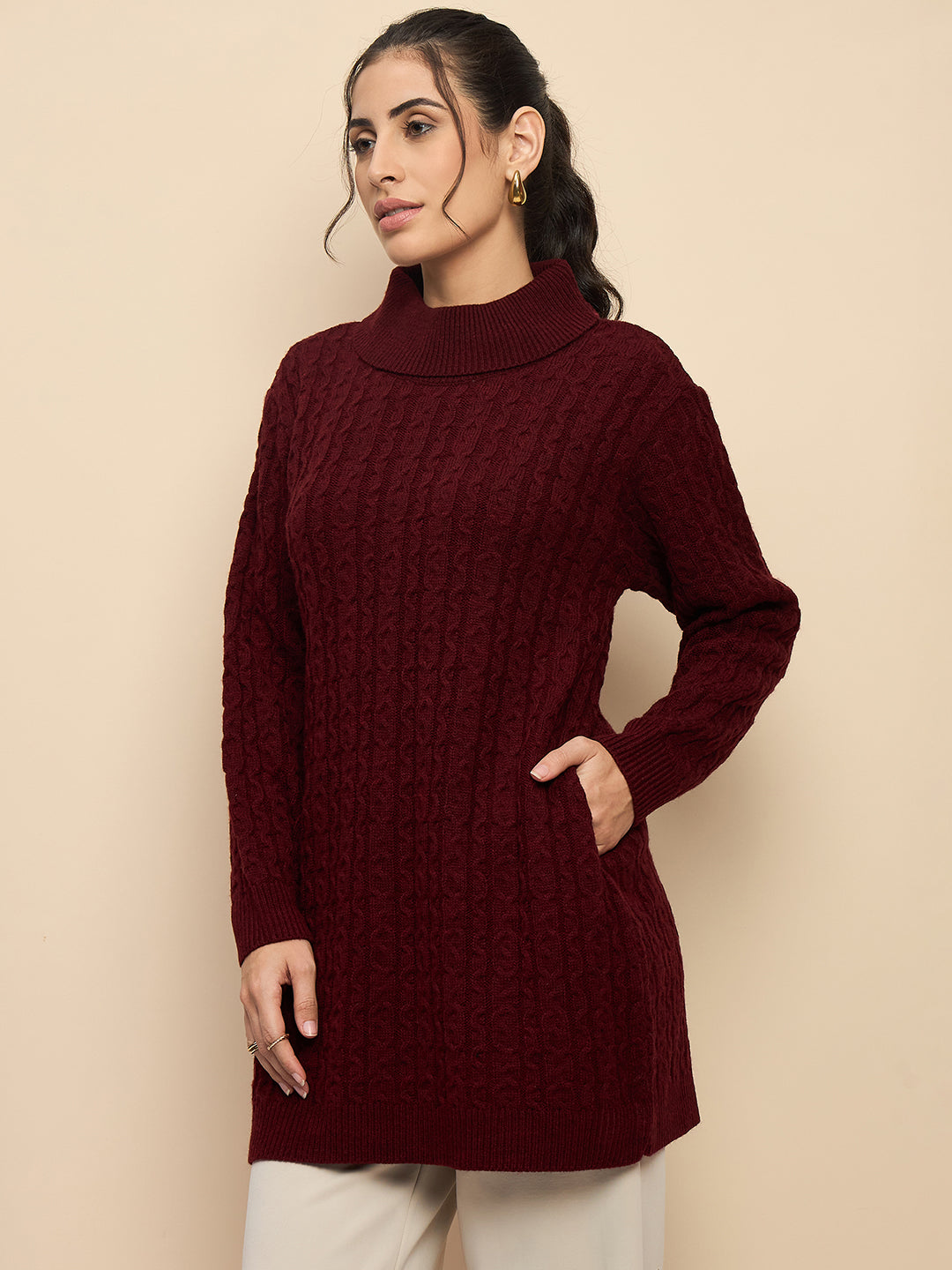 Clapton High Neck Cable Knitted Woolen Dress Maroon