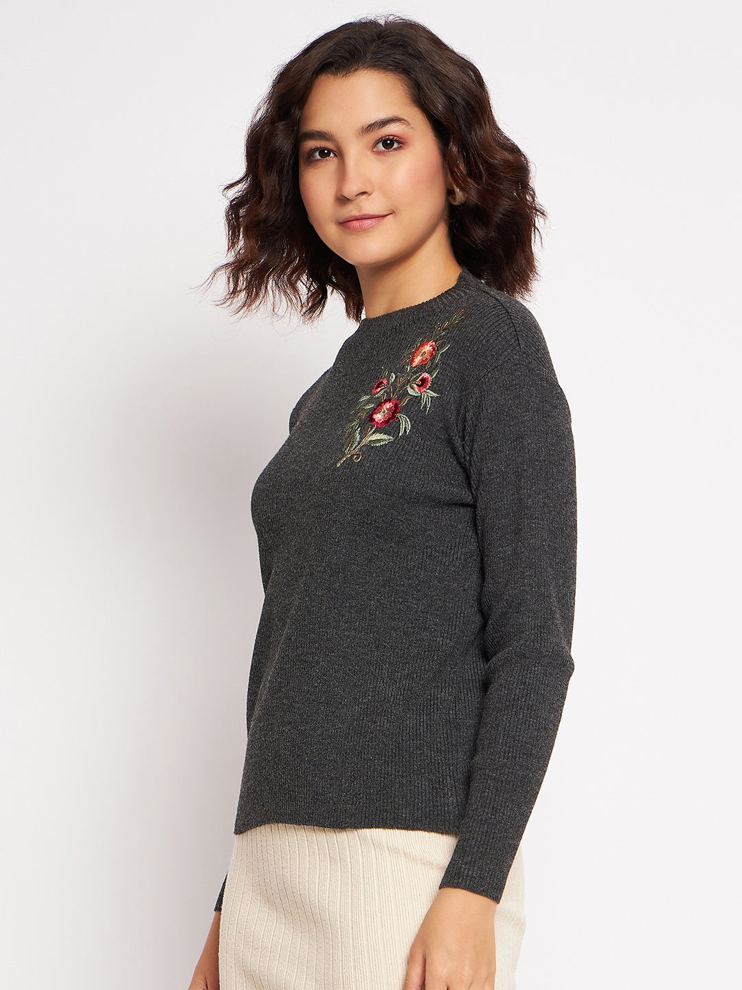 Wool Blend Round Neck Grey Top With Embroidery