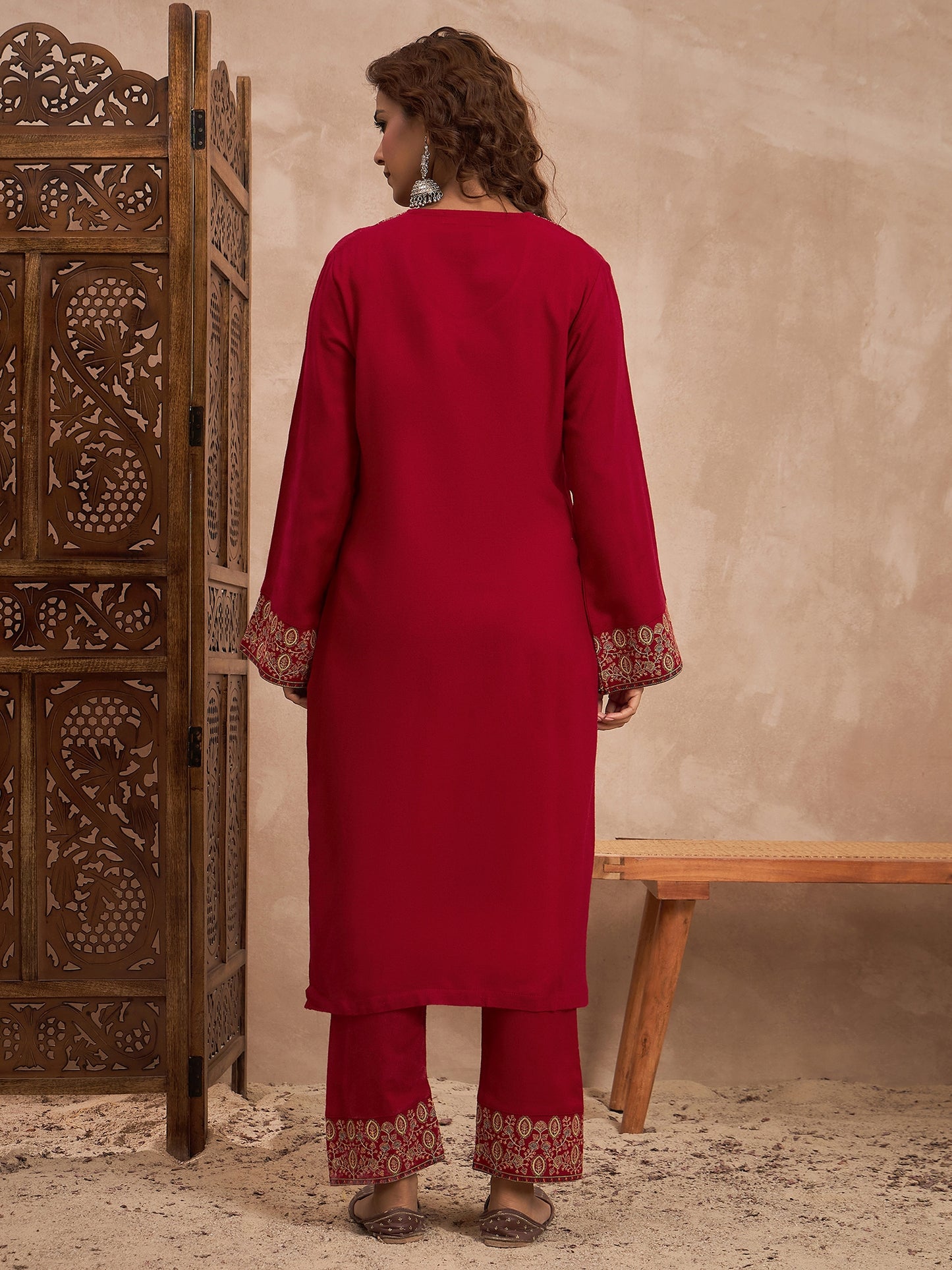 Woolen Embroidered 2-piece winter wear Kurti & Pant Set Red