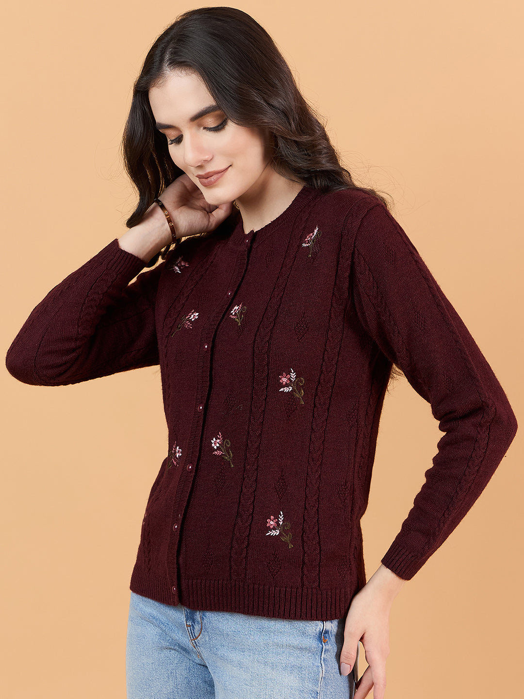 Clapton Floral Embroidered Full Sleeve Cardigan Sweaters for Women Girls Maroon