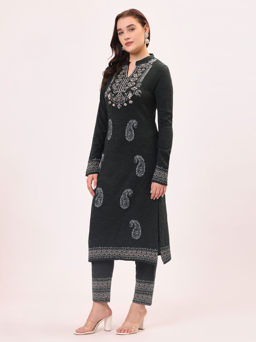 Clapton Pure Wool Winter Wear Embroidered Straight Kurta Pant With Dupatta Set Grey Mixture