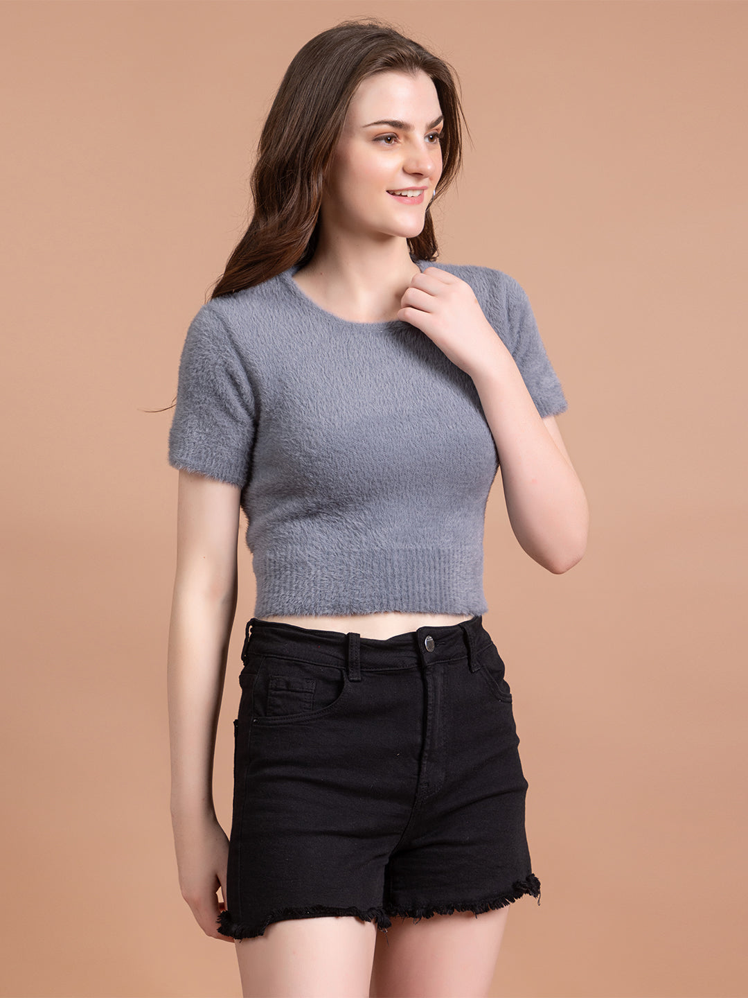 Clapton Short-Sleeve Fuzzy Knit Crop Top Pullover Blouse Top for Women Girls Grey