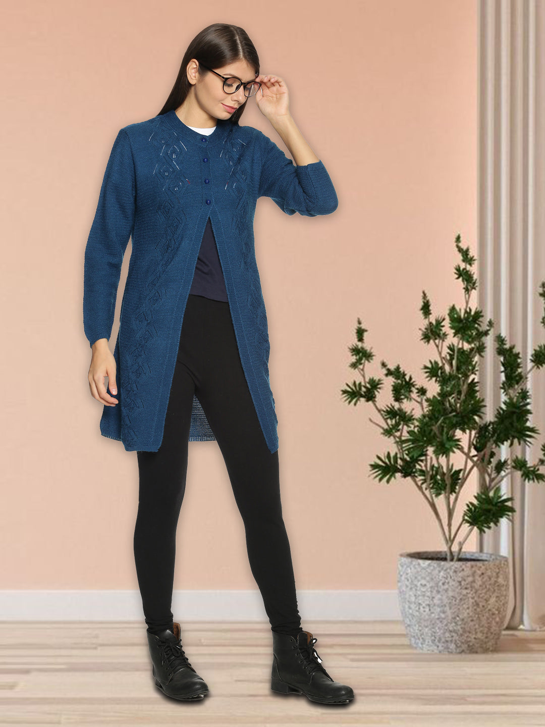 Wool Blend Round Neck Peacock Long Shrug