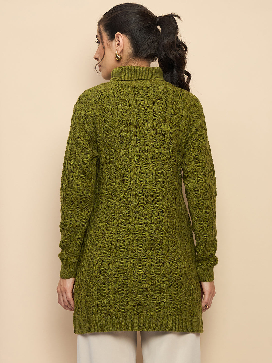 Clapton High Neck Cable Knitted Woolen Dress Green