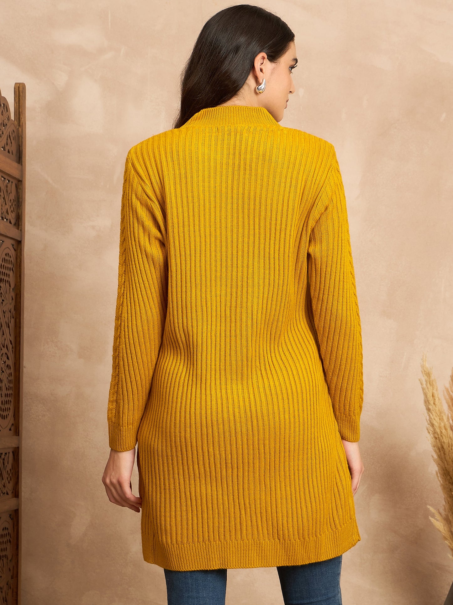 CLAPTON Women’s Wool Blend Ribbed Knit Tunic Sweater with Mock Neck & Full Sleeves Gold