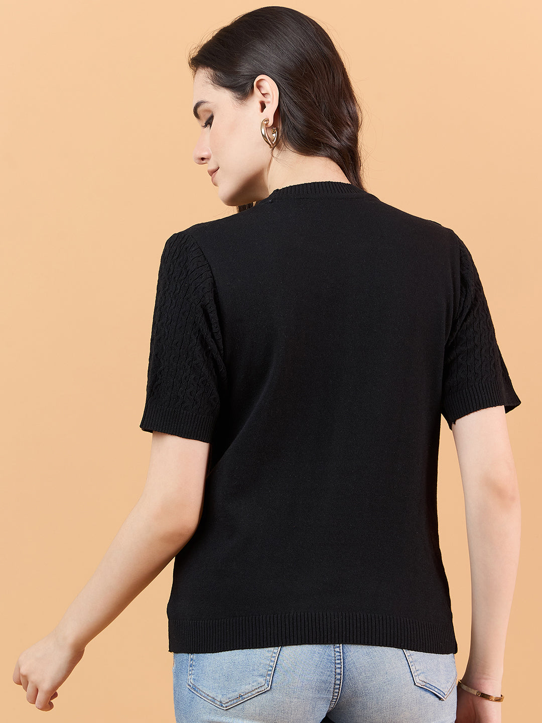 Ladies Short Sleeve Knitted cotton T Shirt solid Color Black
