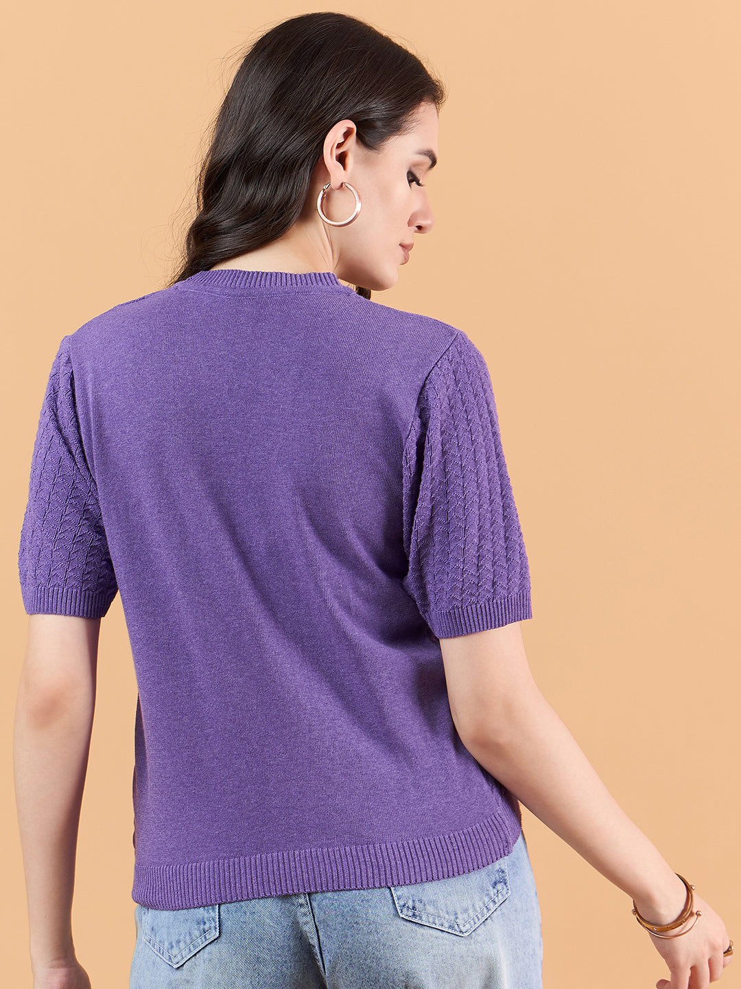 clapton Women Self knitted cotton Design T-shirt Purple Mauve