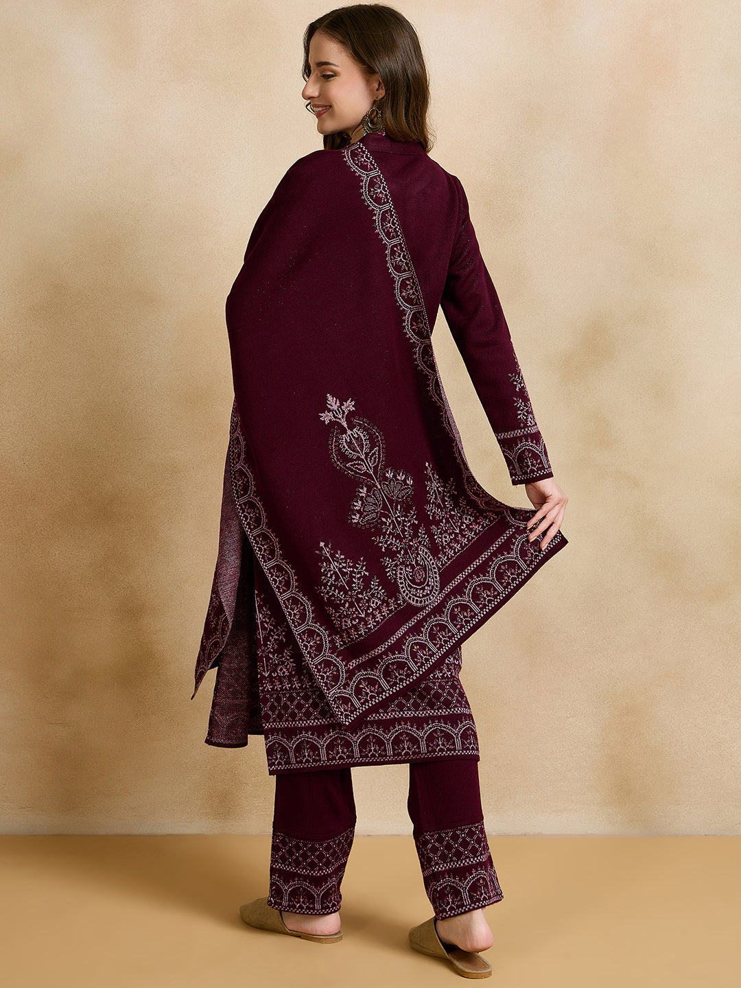 Clapton Embroidered Straight Kurta Pant With Dupatta Set Maroon