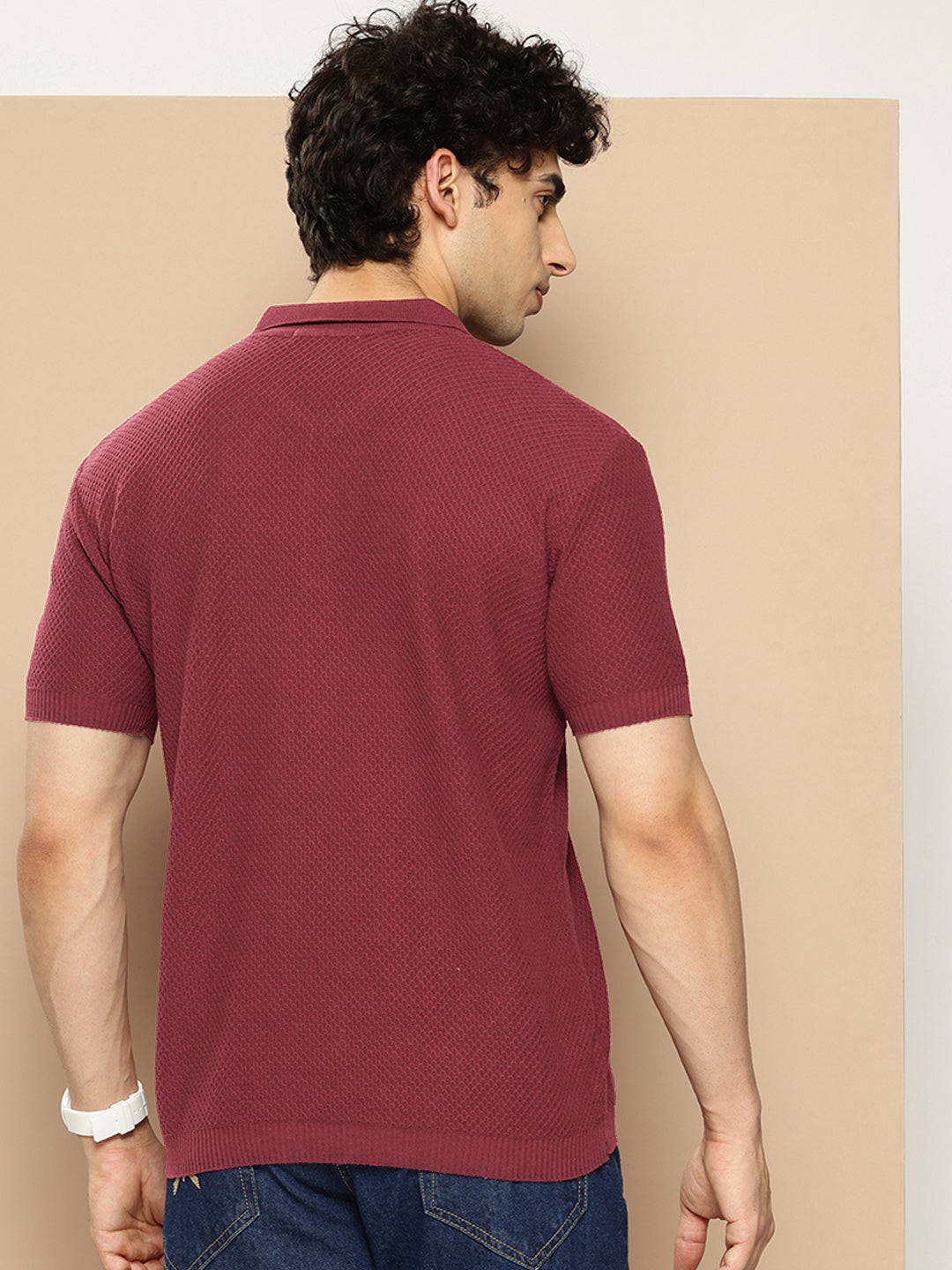 CLAPTON Men Knitted Textured Polo Collar T shirt Maroon