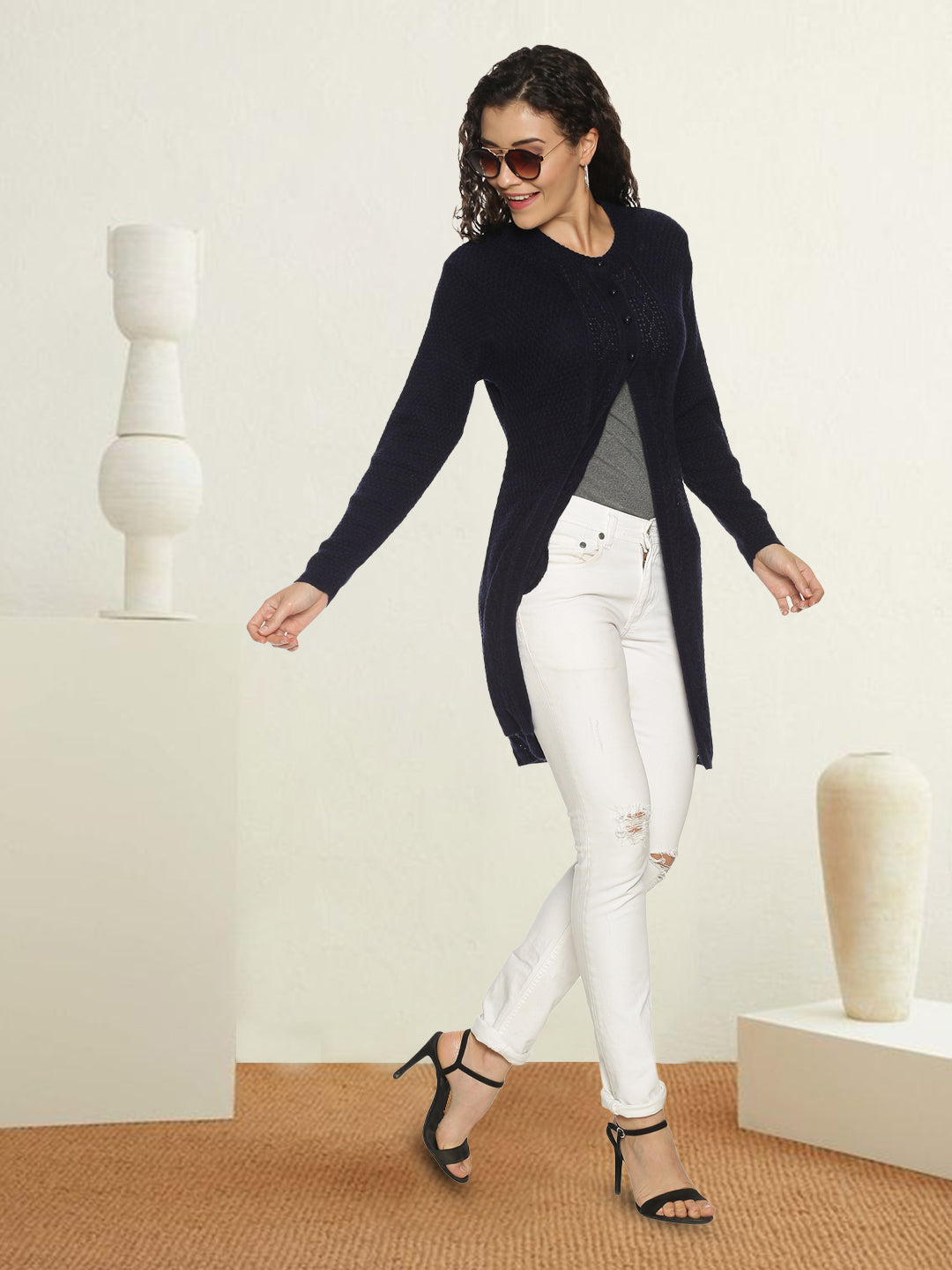 Wool Blend Round Neck Navy Blue Long Shrug