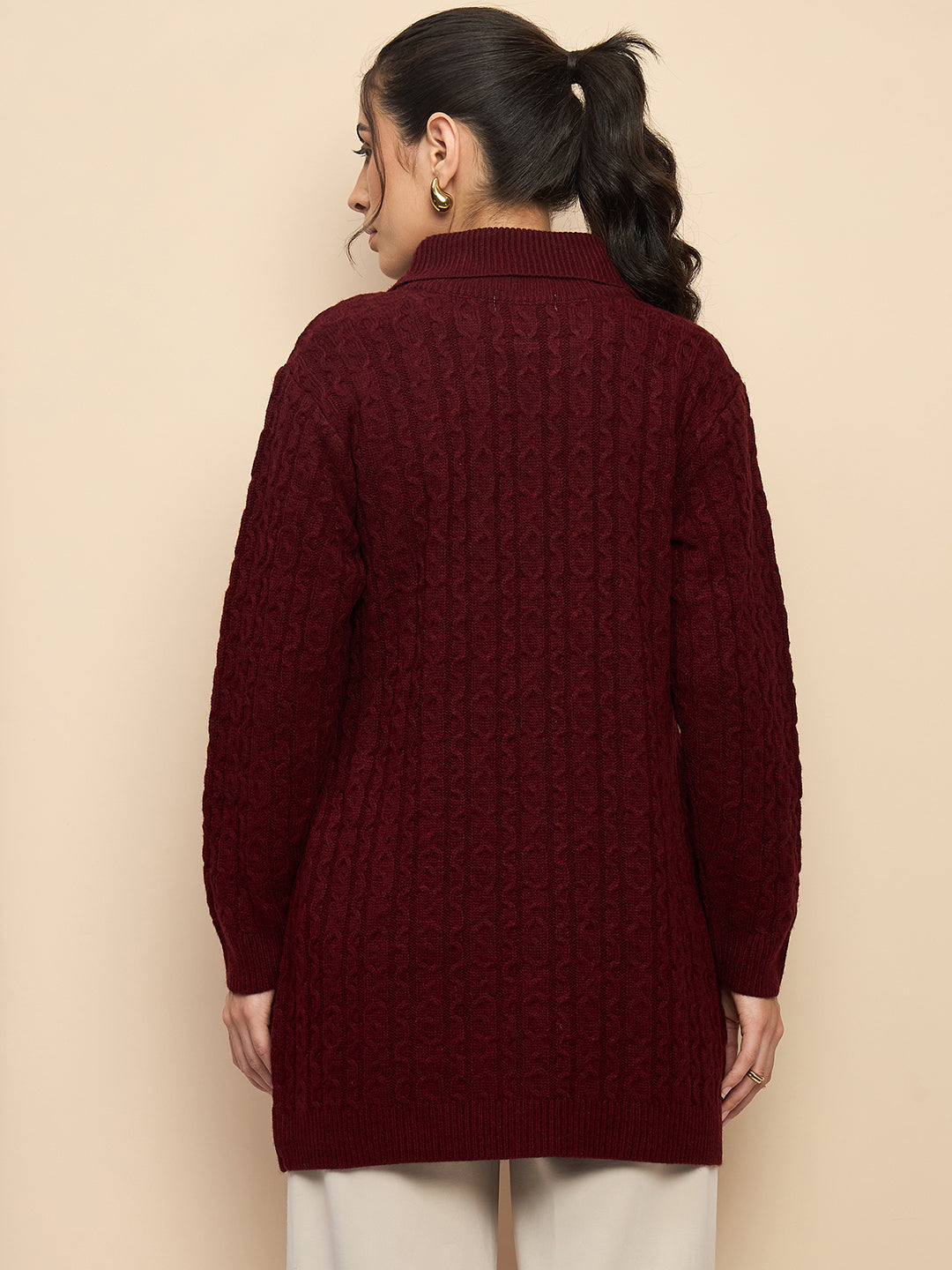 Clapton High Neck Cable Knitted Woolen Dress Maroon