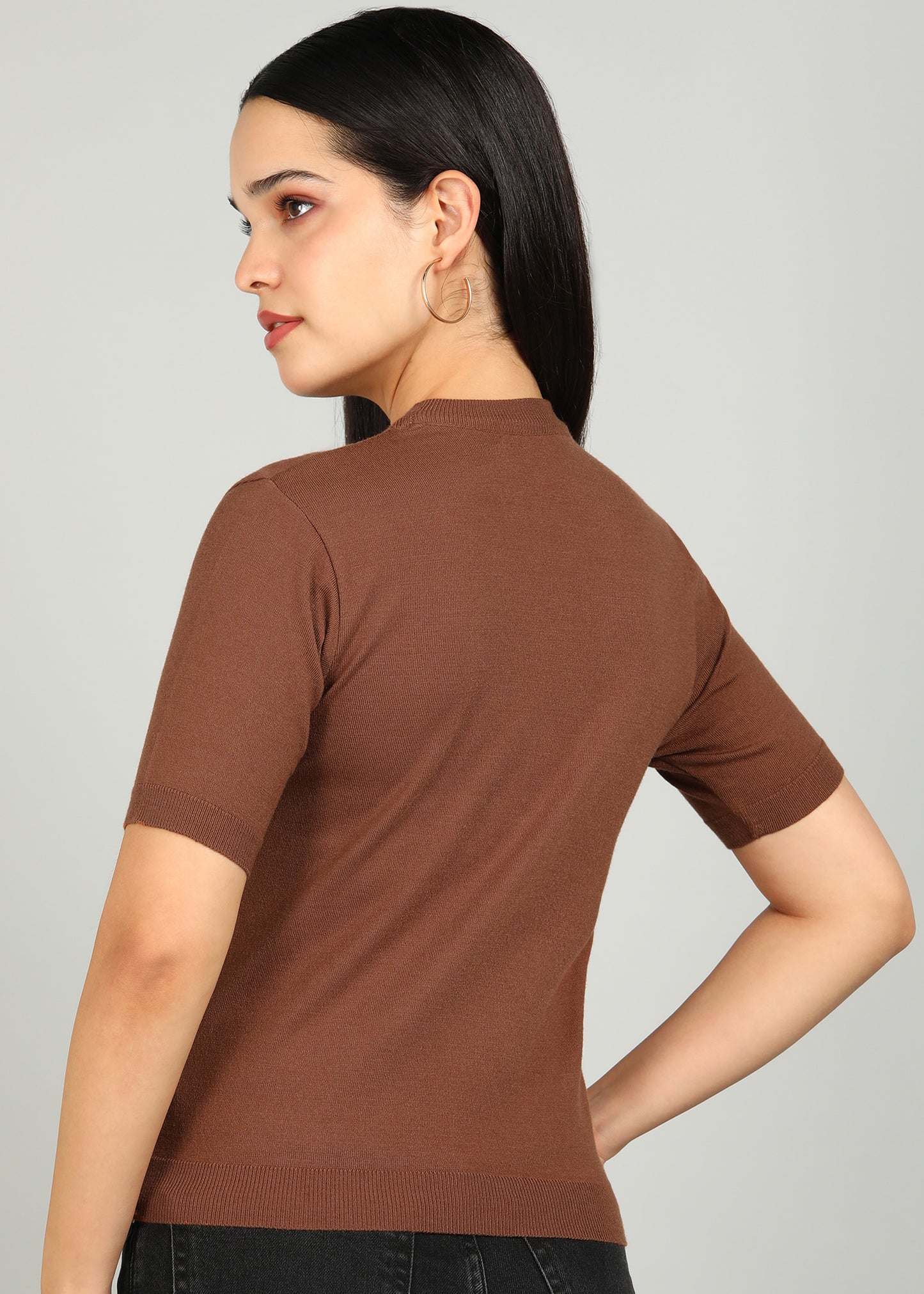 Women Solid Color Round Neck Half Sleeve Viscose T-Shirt Brown