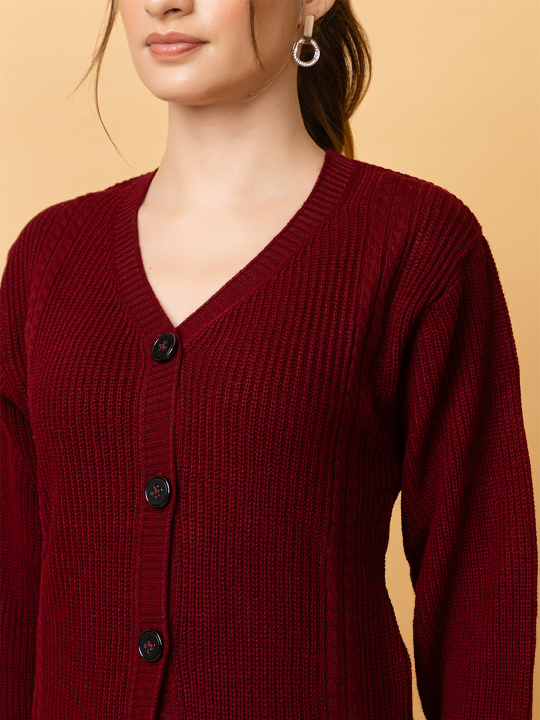 Clapton Women Maroon Self Knitted Cardigan