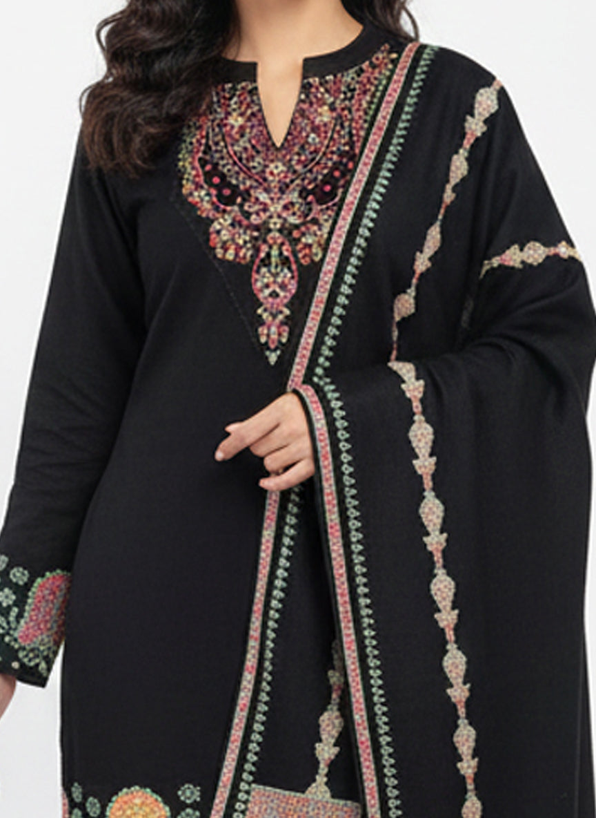 Clapton Embroidered wool blends for winter wear Straight-fit kurta with trousers and a dupatta (shawl) BLACK