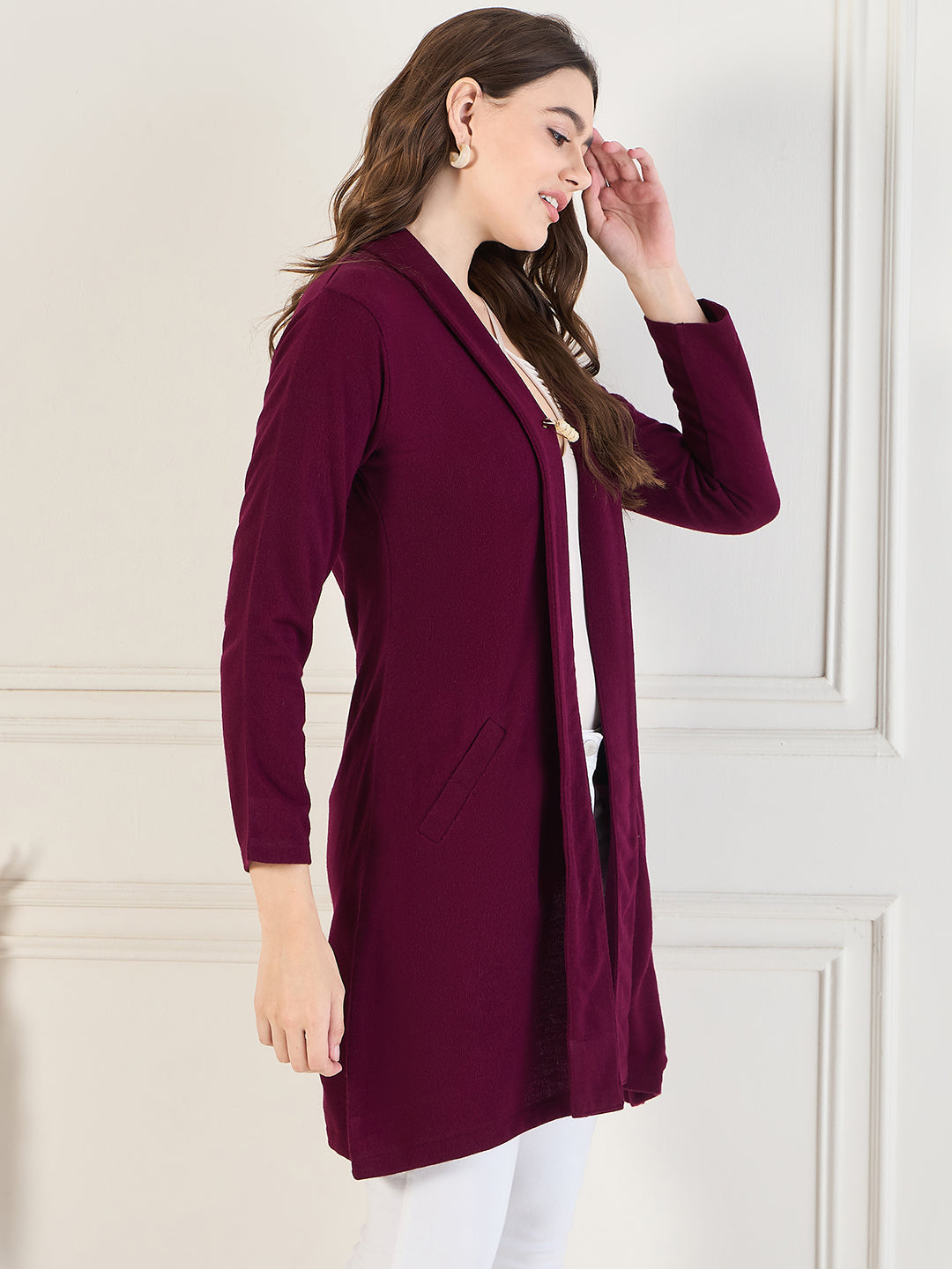 Women's Mahroon open neck long Sleeves, Knitted Winter Wear Shrug